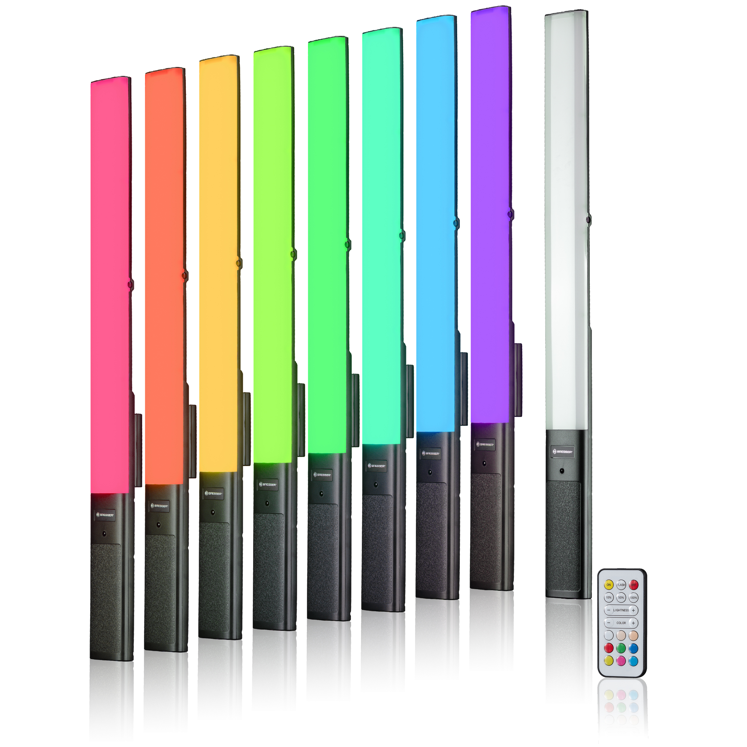 Diez luces LED de colores en una fila. Cada una es de un color diferente, con un mando a distancia debajo.