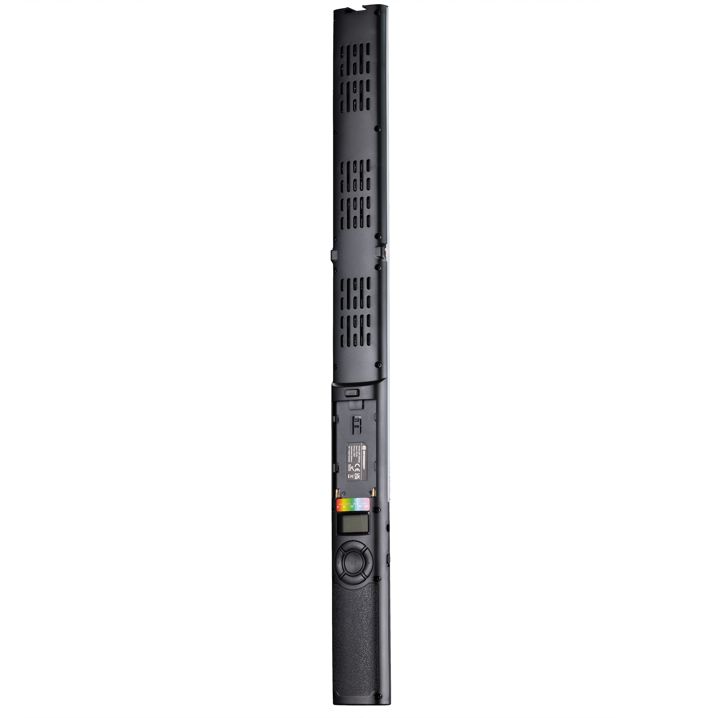Una luz LED negra larga. Tiene un panel de control y una pantalla multicolor.
