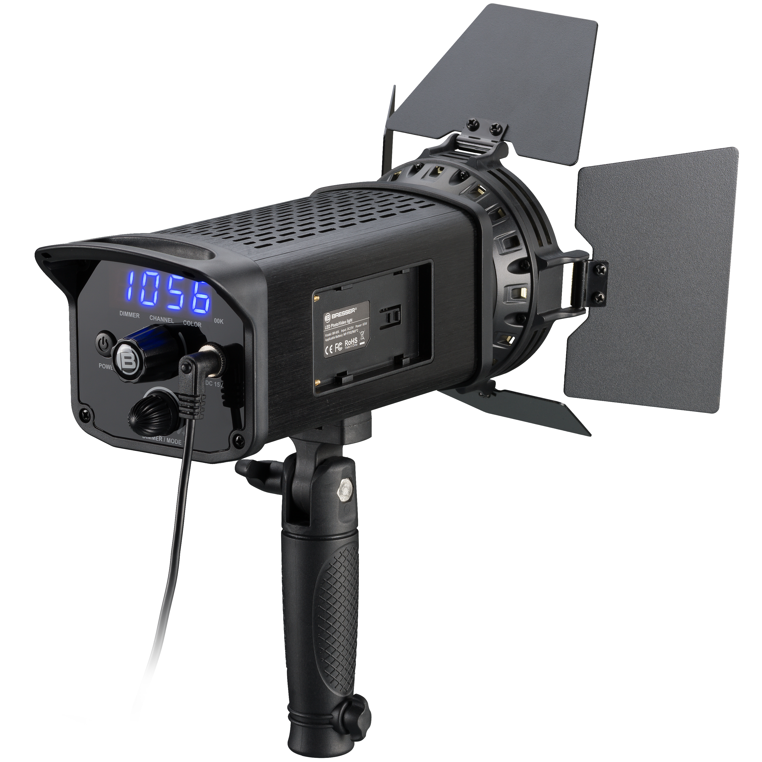 Luz LED negra con pantalla digital y solapas ajustables.
