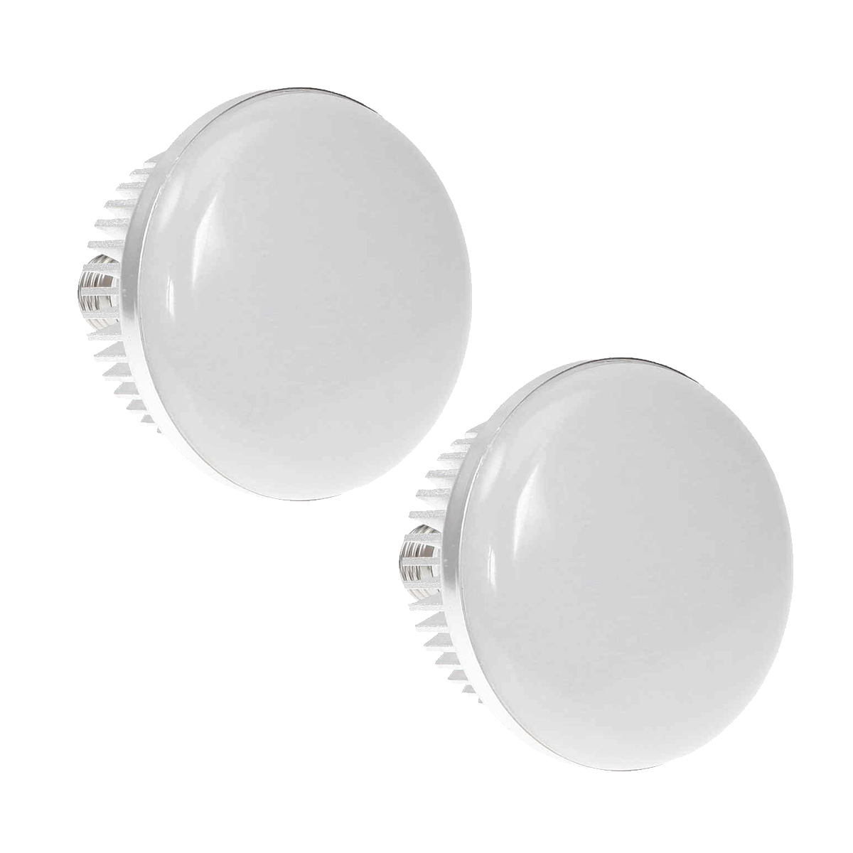 Twee ronde, witte LED-lampen. Ze hebben een zilveren, geribbelde achterkant en staan op een witte achtergrond.
