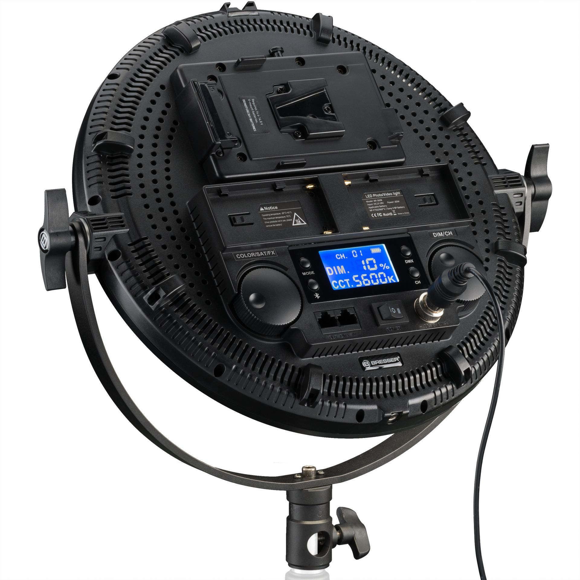 Luz LED negra con diseño circular, con pantalla digital, botones y puertos.