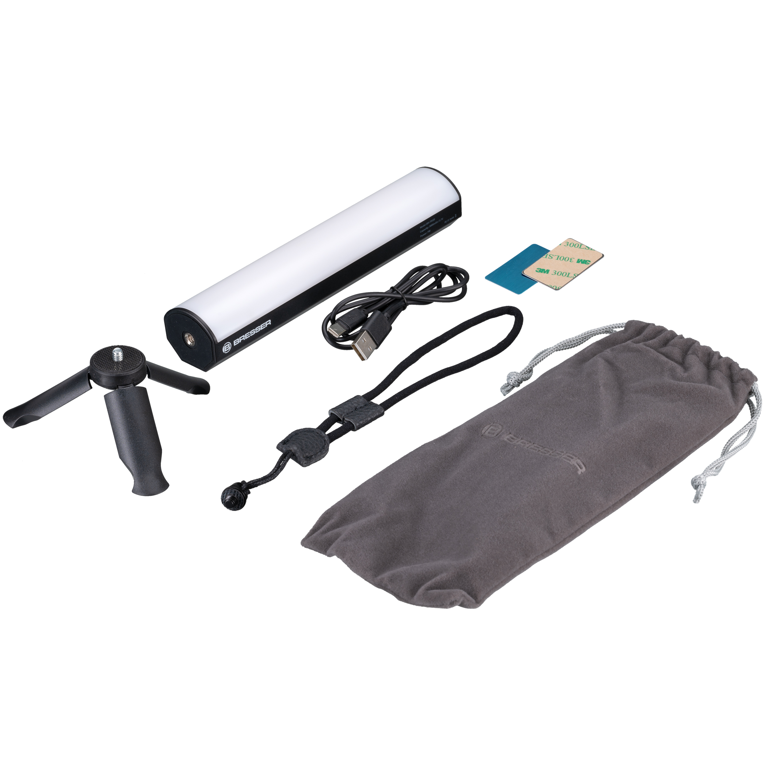 LED-lichtset met statief, USB-kabel en etui.