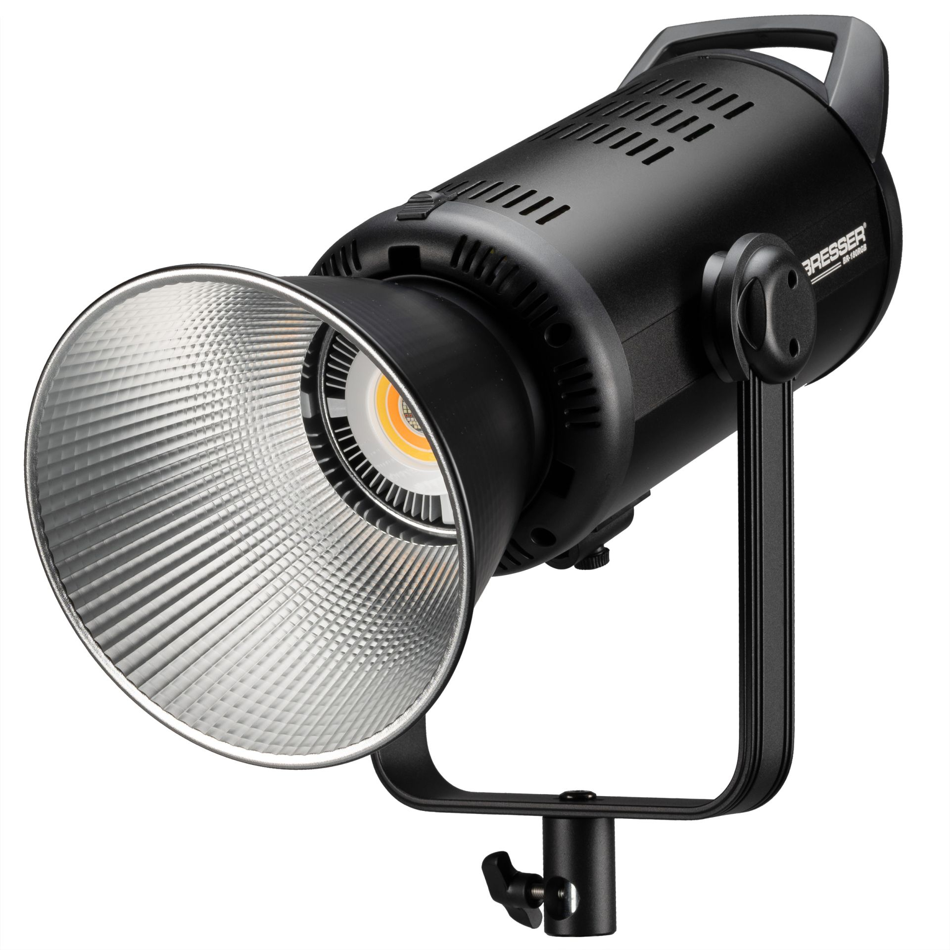 Foco de estudio LED Bresser negro. Con asa, ventilación y reflector grande.