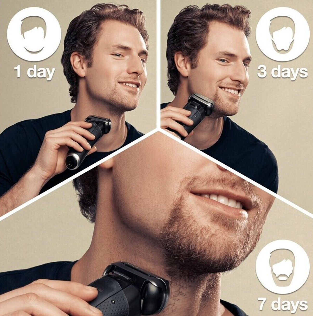 Un uomo si rade e mostra la crescita della barba in 1, 3 e 7 giorni, dimostrando stili di barba.