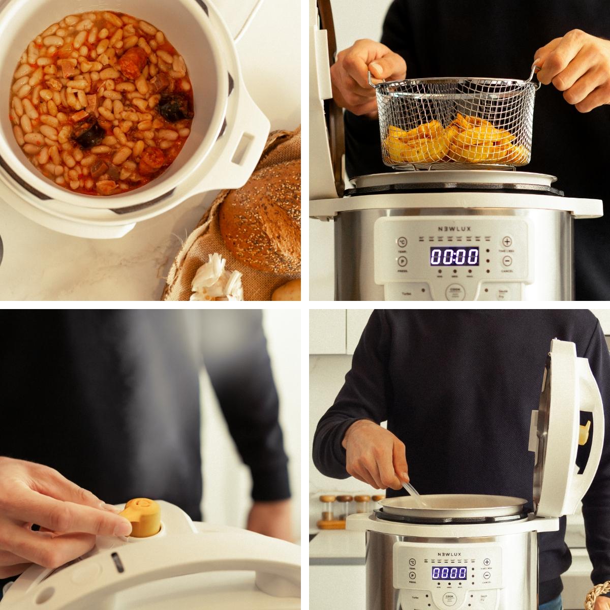 Una imagen de varios paneles de cocina. Incluye frijoles, freír y usar una olla a presión.