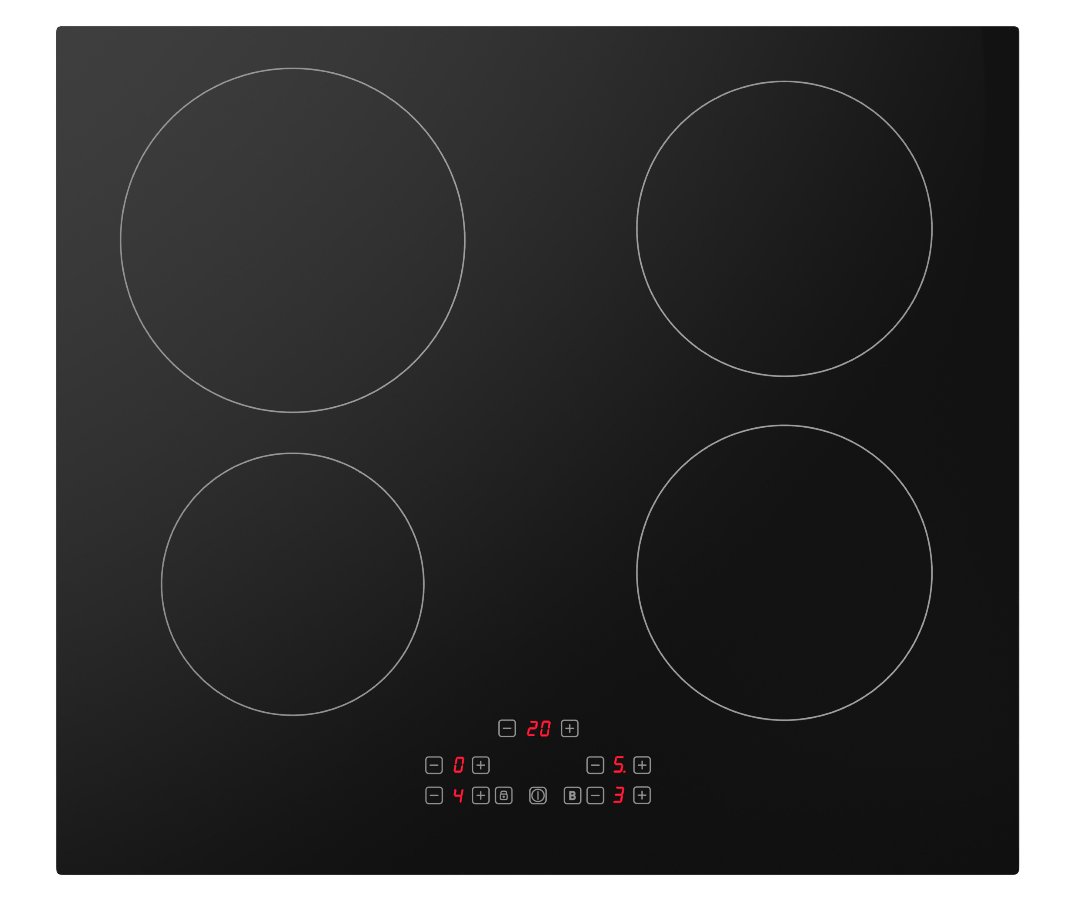 Black induction cooktop with four circular burners and digital control panel.