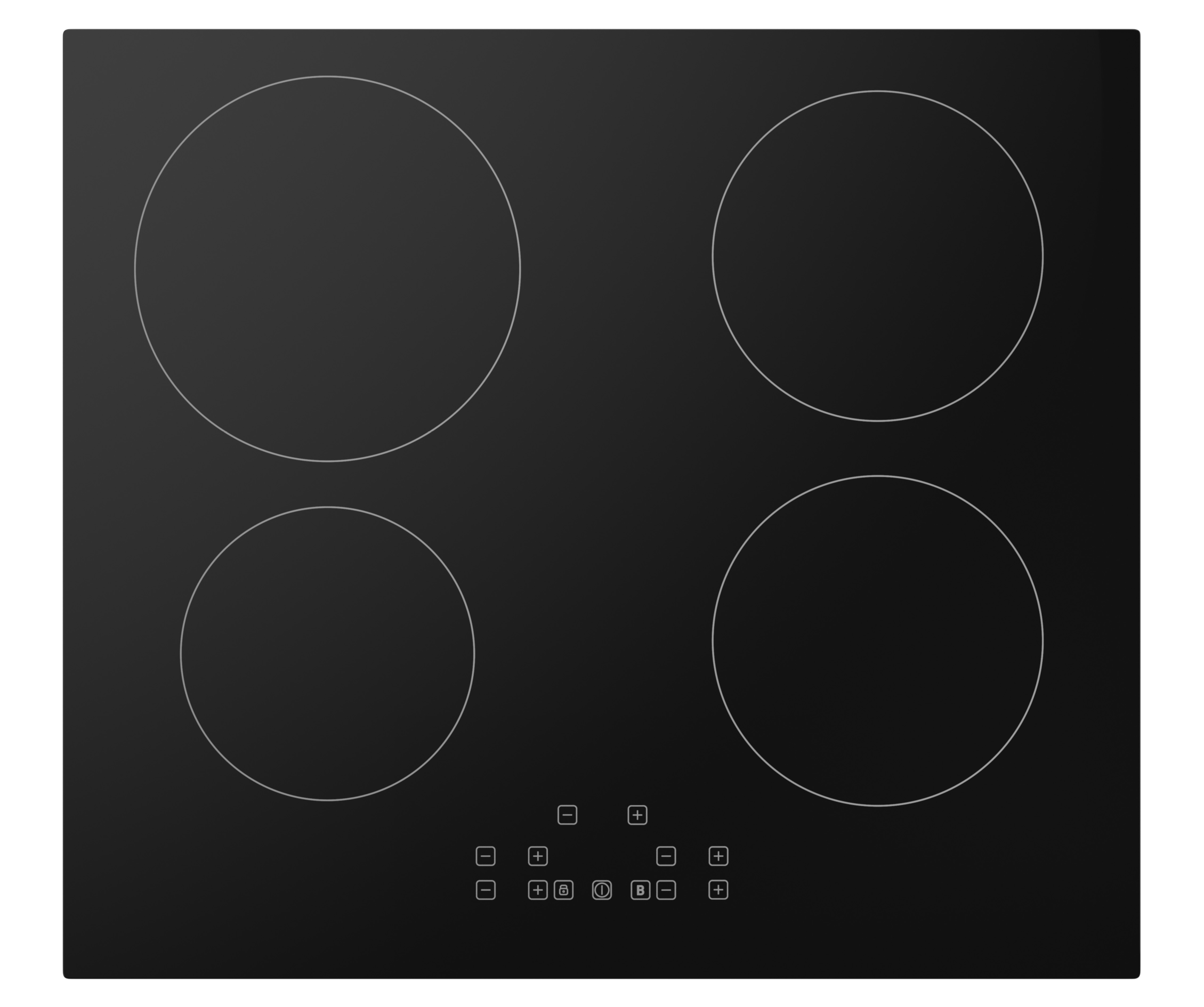 Black electric cooktop with four circular burners and touch controls. Dark surface.