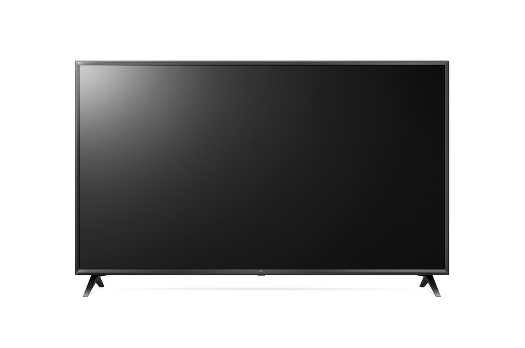 Un grande televisore a schermo piatto nero è su uno sfondo bianco. Ha una cornice sottile.