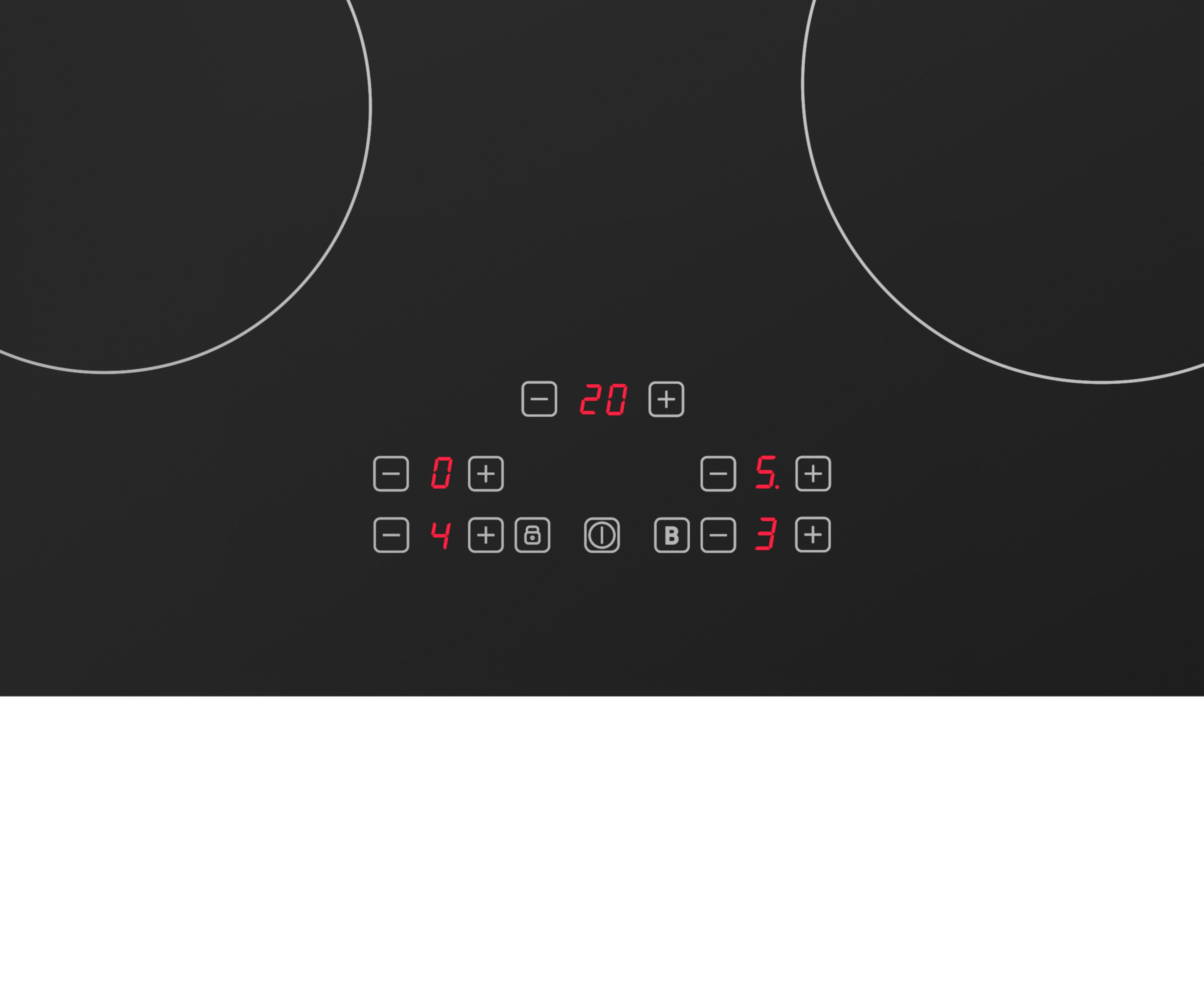 Black hob with illuminated controls, red numbers.