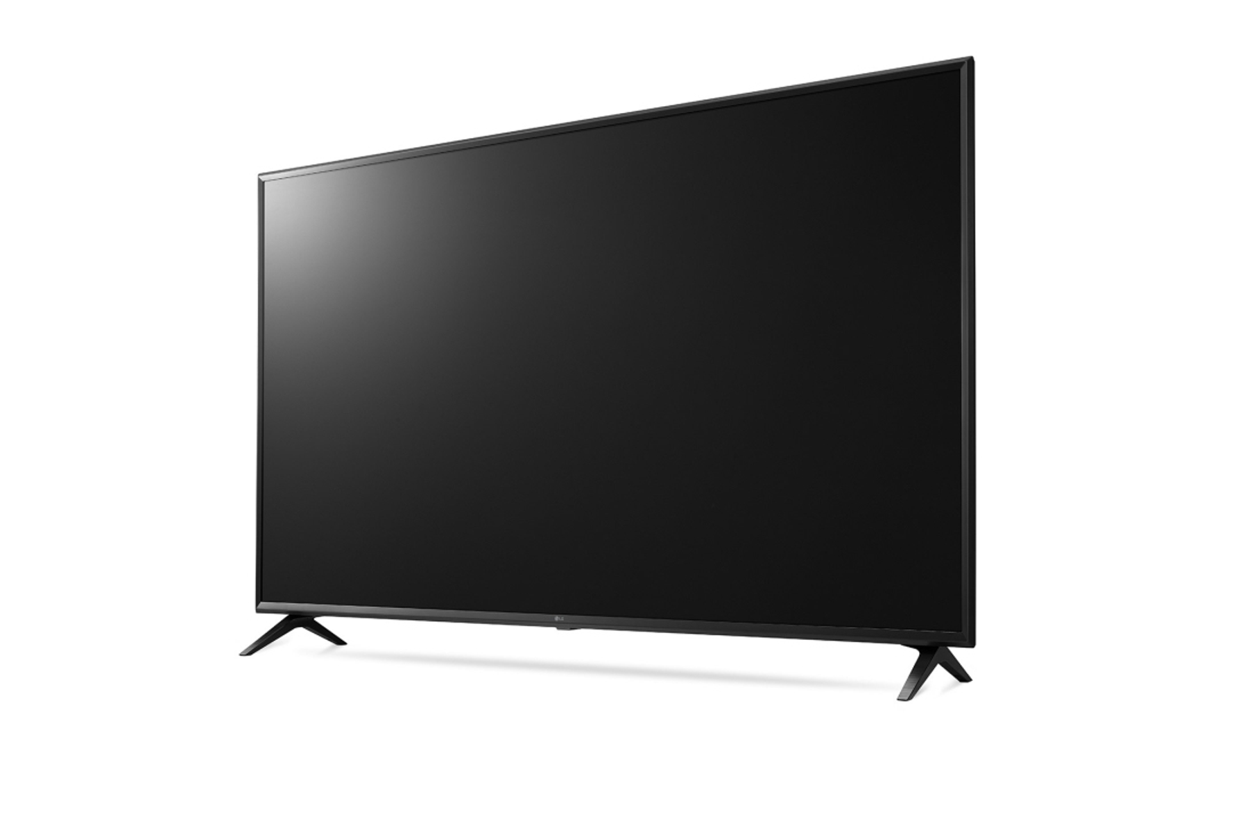 Grande TV nero con cornice e gambe nere sottili, isolato su sfondo bianco.