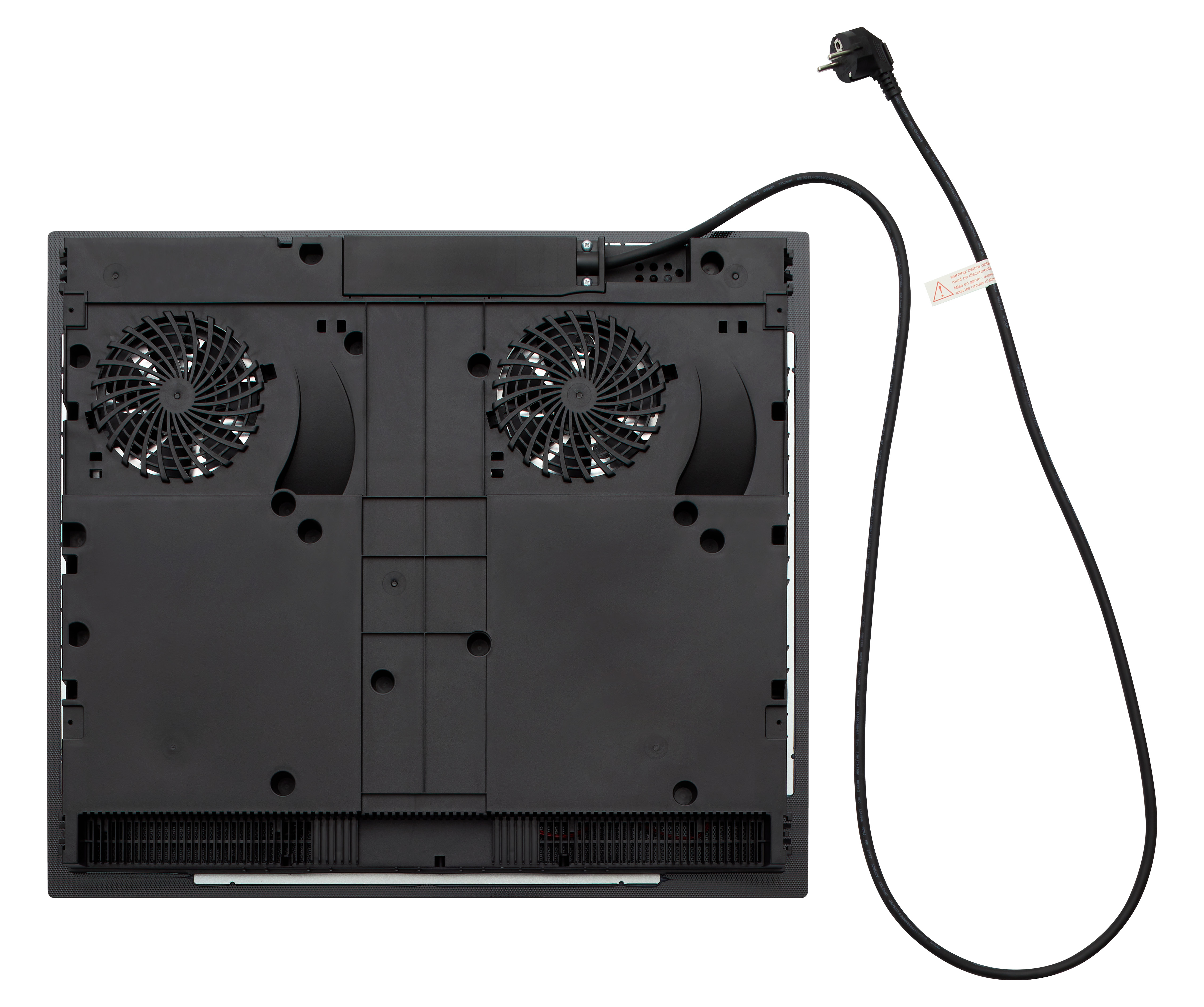 Underside of a black induction cooktop. Two fans, electrical components, and a power cord are visible.