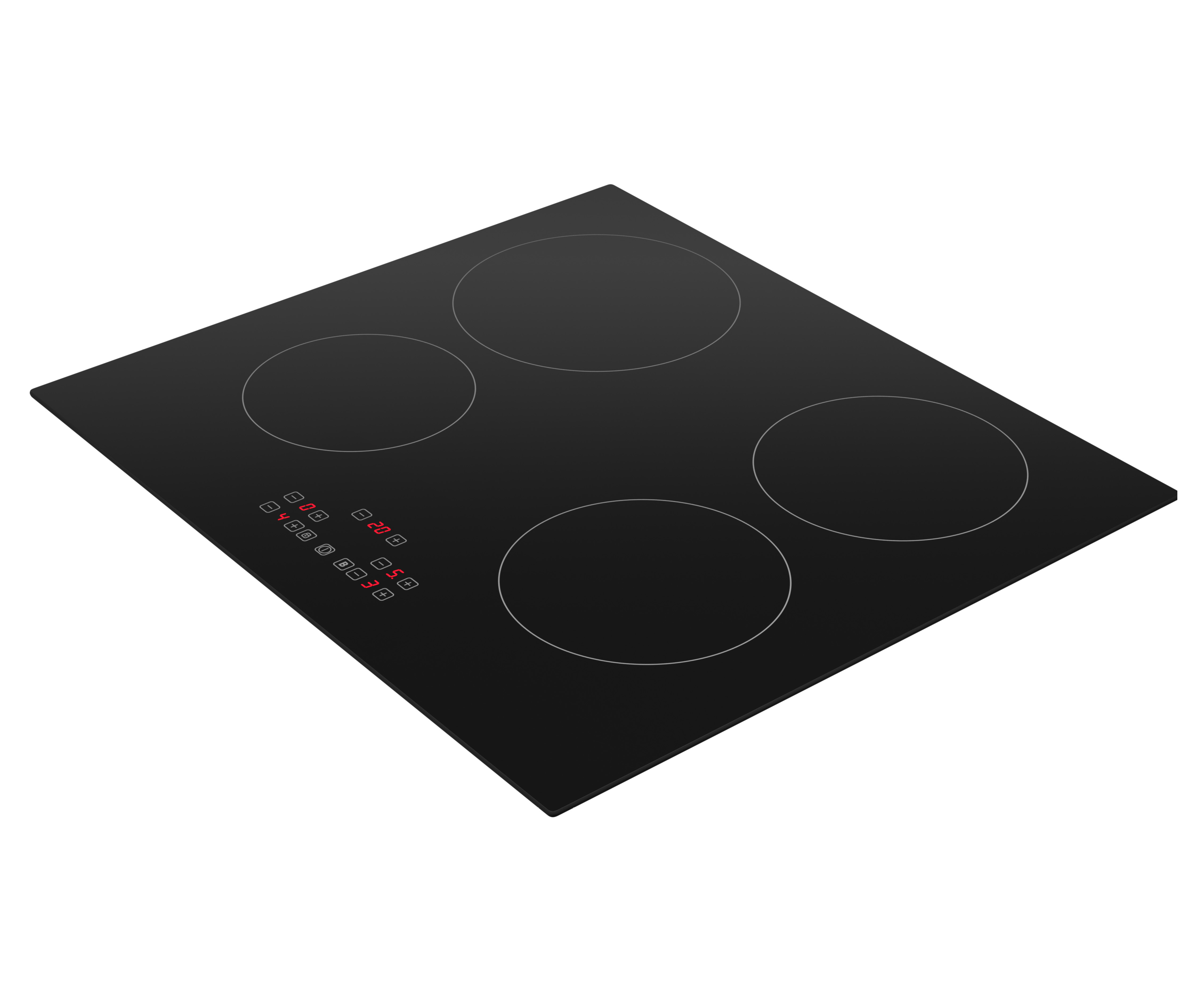 Black glass cooktop with four circular cooking zones and control panel.