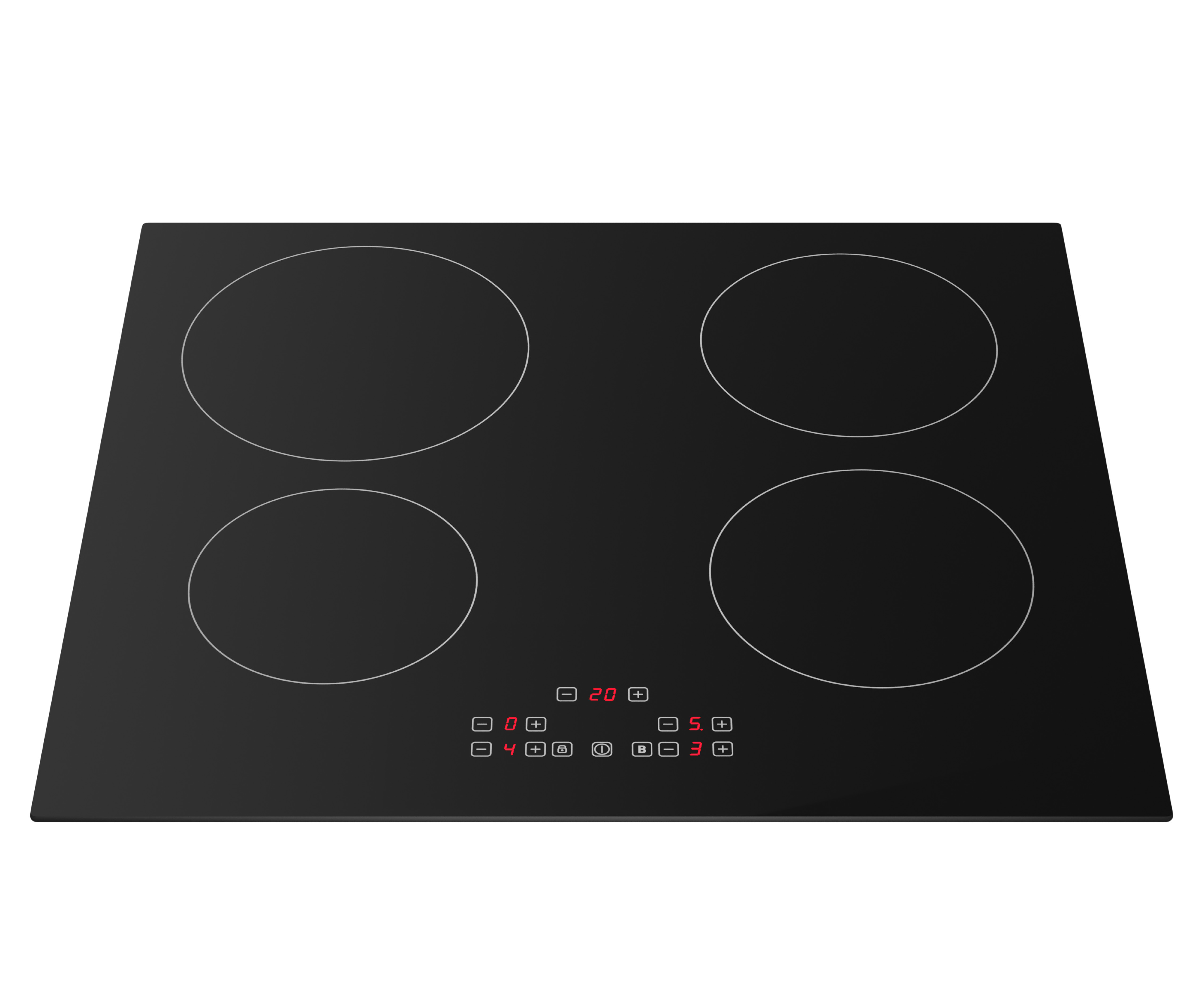 Black hob, four burners, digital display, black background, white background.