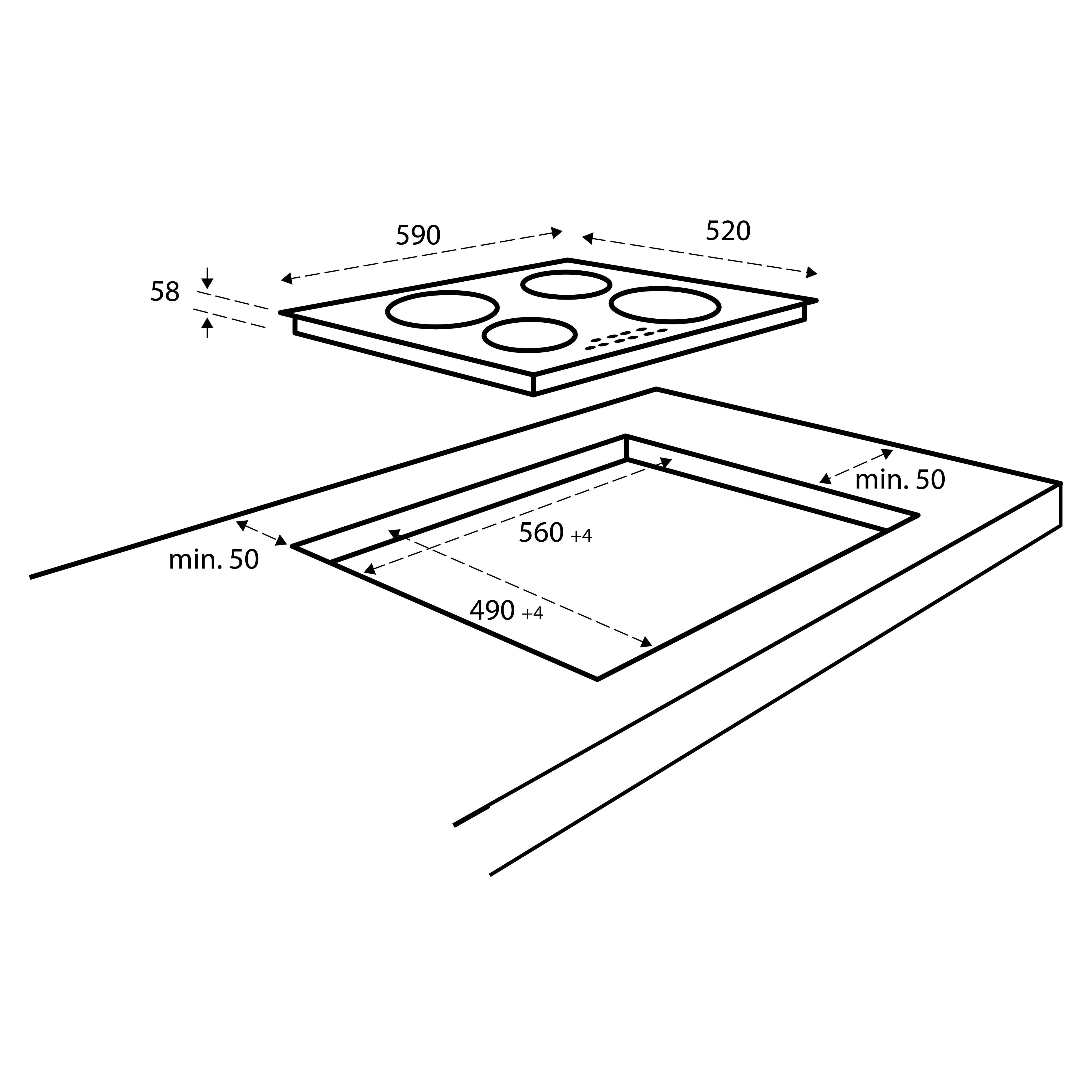 Schematic of a hob and a cutout. Dimensions are provided in mm. Top view and cutout view.