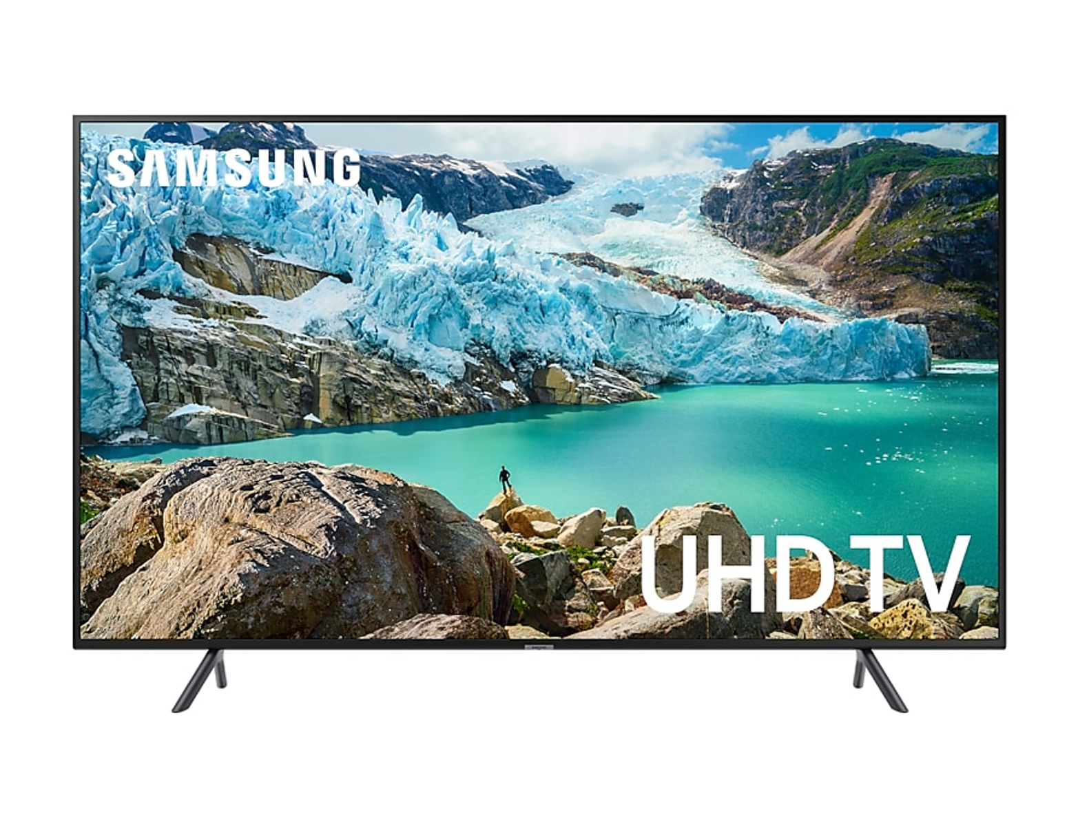 Un televisor con una vista panorámica. Muestra una cordillera y un lago con reflejos.