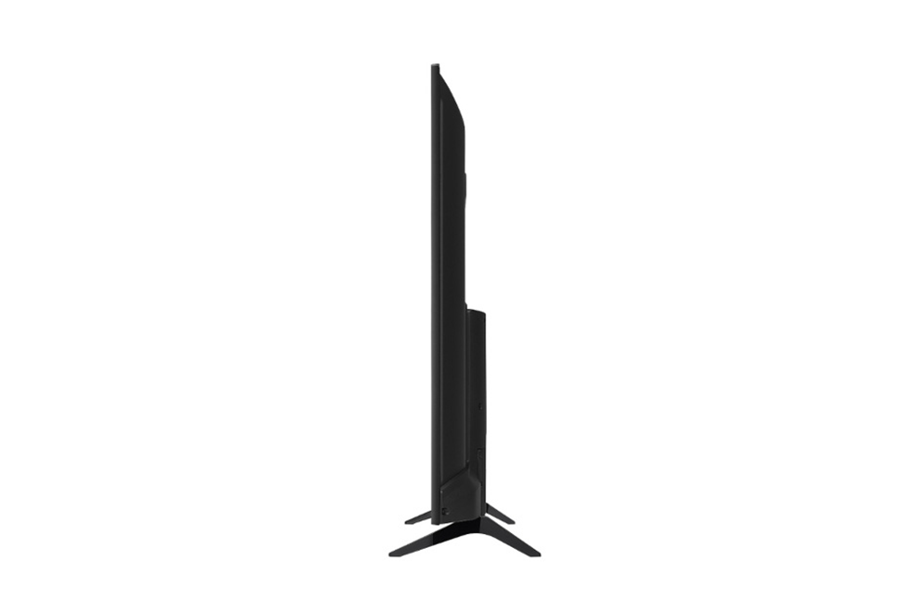 Vista laterale di un televisore nero, che mostra il suo design sottile e il supporto su sfondo bianco.