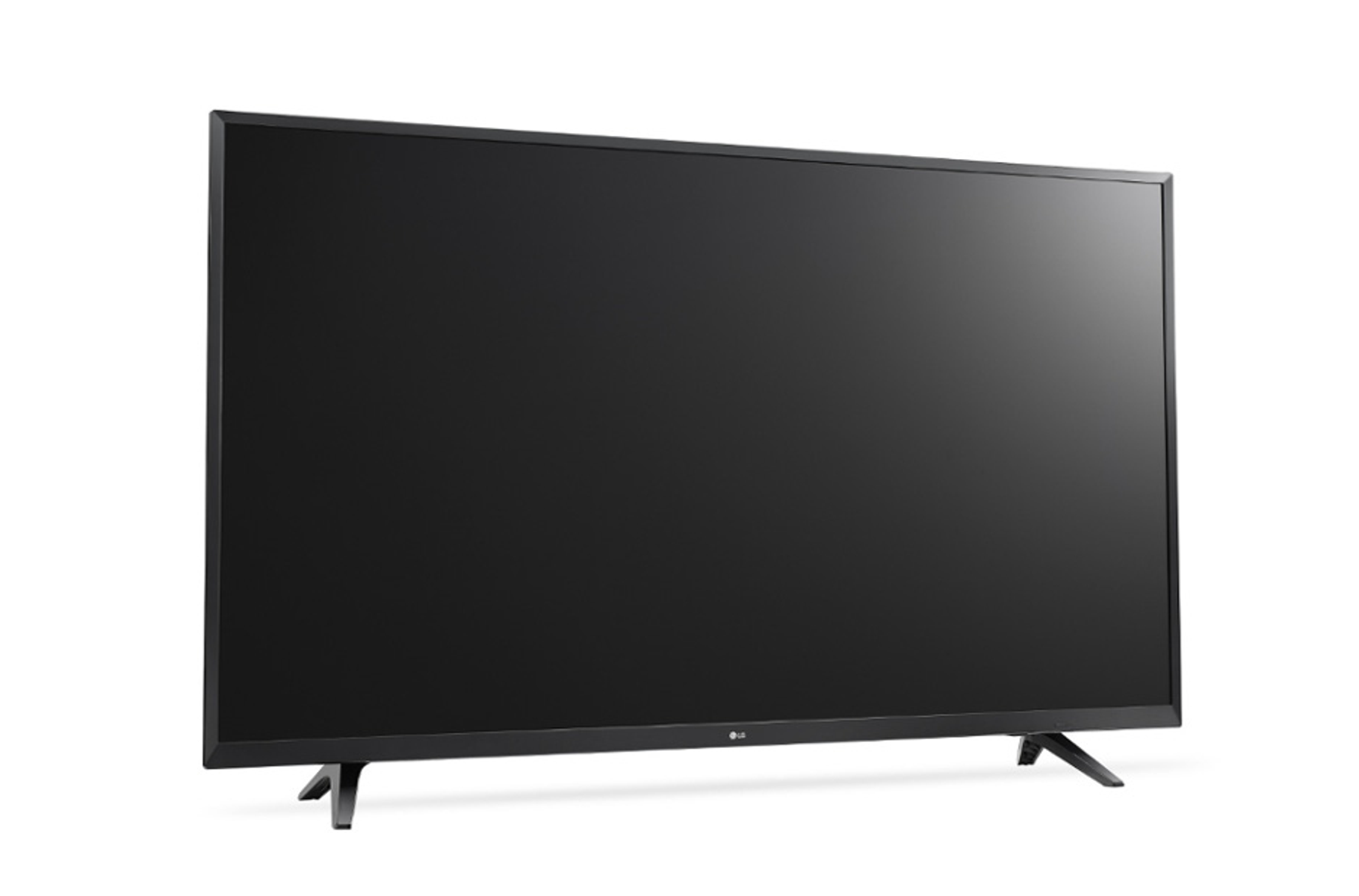 Un grande televisore LG nero. La TV è su un supporto e lo schermo è nero.