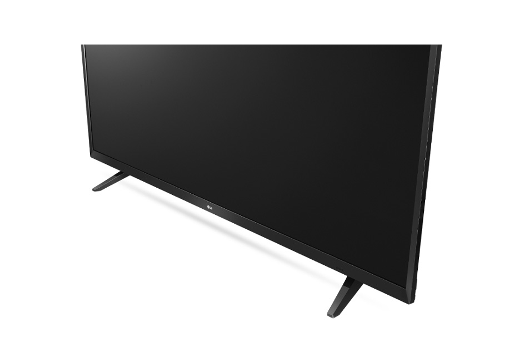 TV LG nero su supporto, prospettiva dall'alto.
