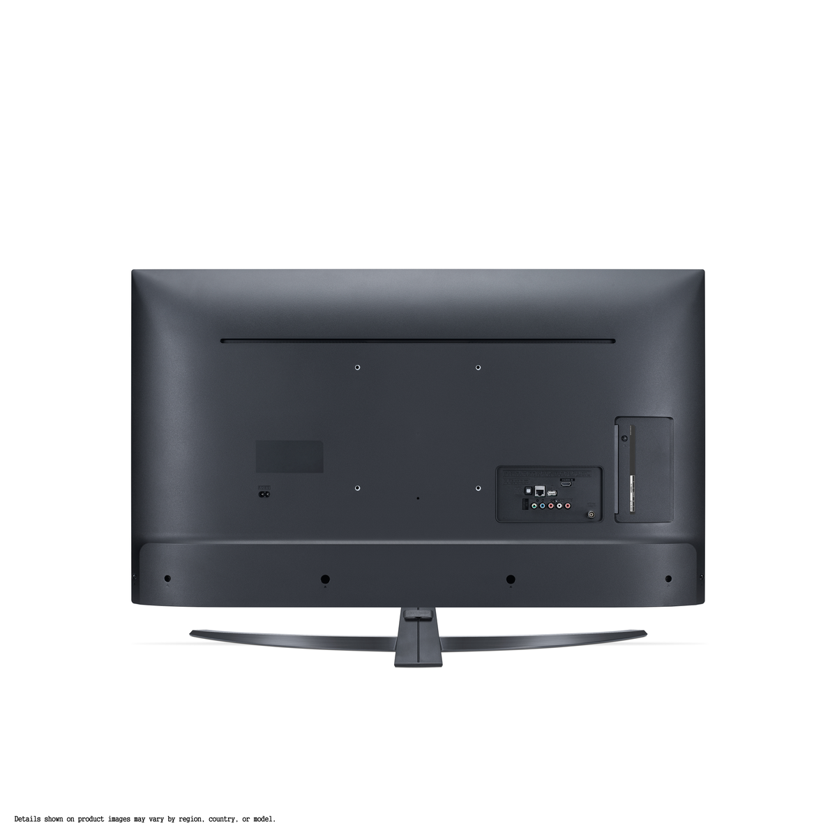 Retro di una TV LG blu scuro, che mostra porte e connessioni, con un supporto.