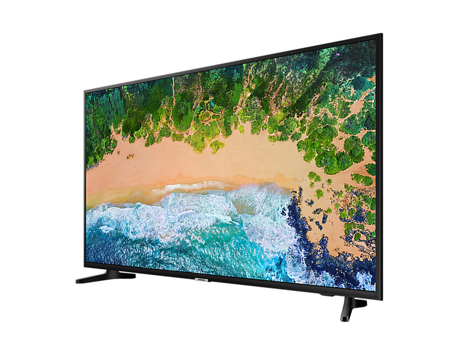 Un TV Samsung che mostra un paesaggio di spiaggia panoramico.