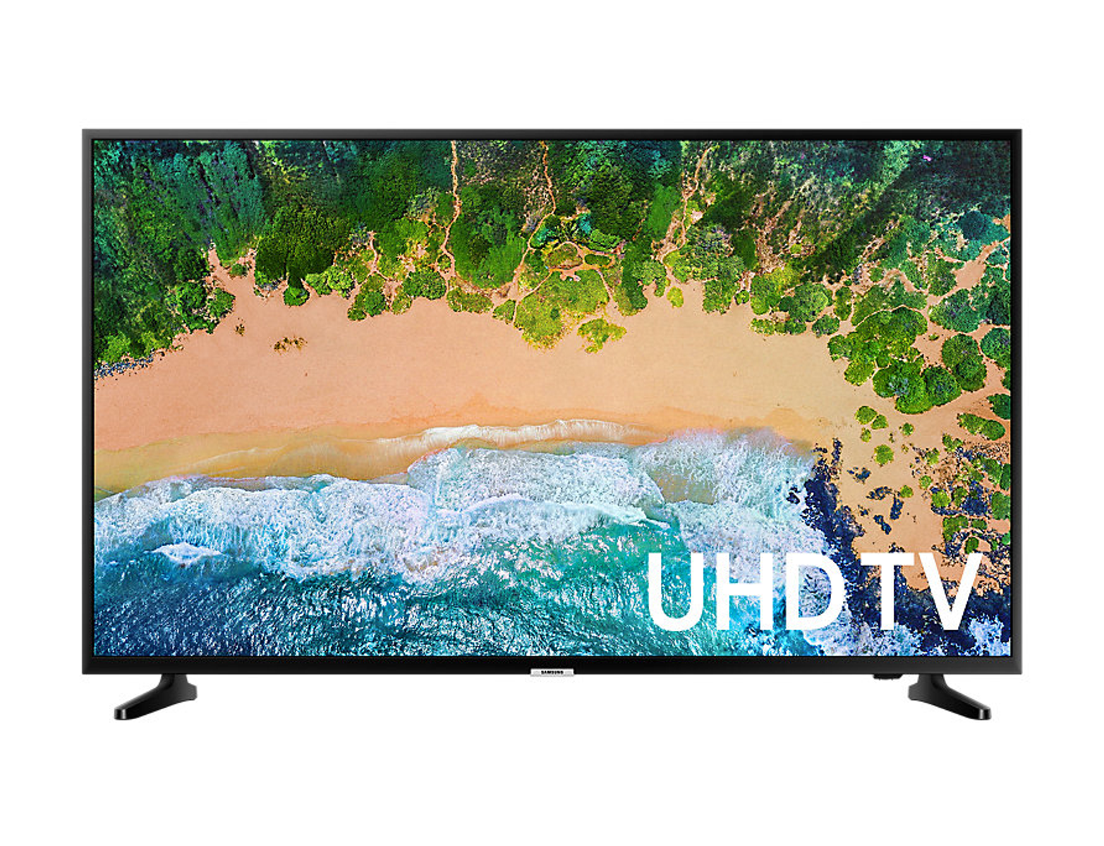 TV con scena spiaggia sullo schermo. Cornice e supporto neri, con scritta UHD TV.