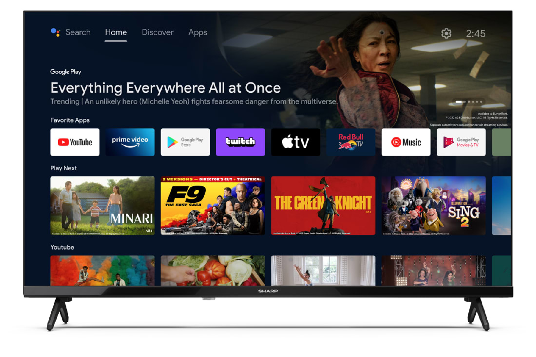 Telewizor Smart z interfejsem Google TV, aplikacjami filmowymi i krajobrazem.