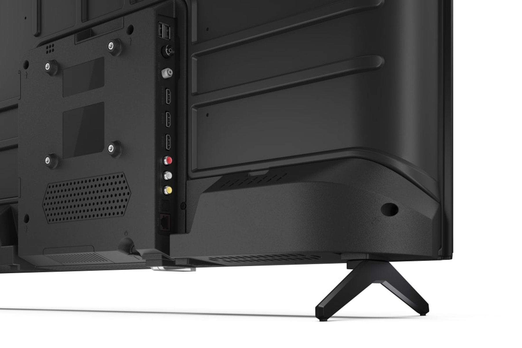 Zbliżenie tyłu czarnego telewizora. Widoczne porty, otwory wentylacyjne i mocowanie podstawy.