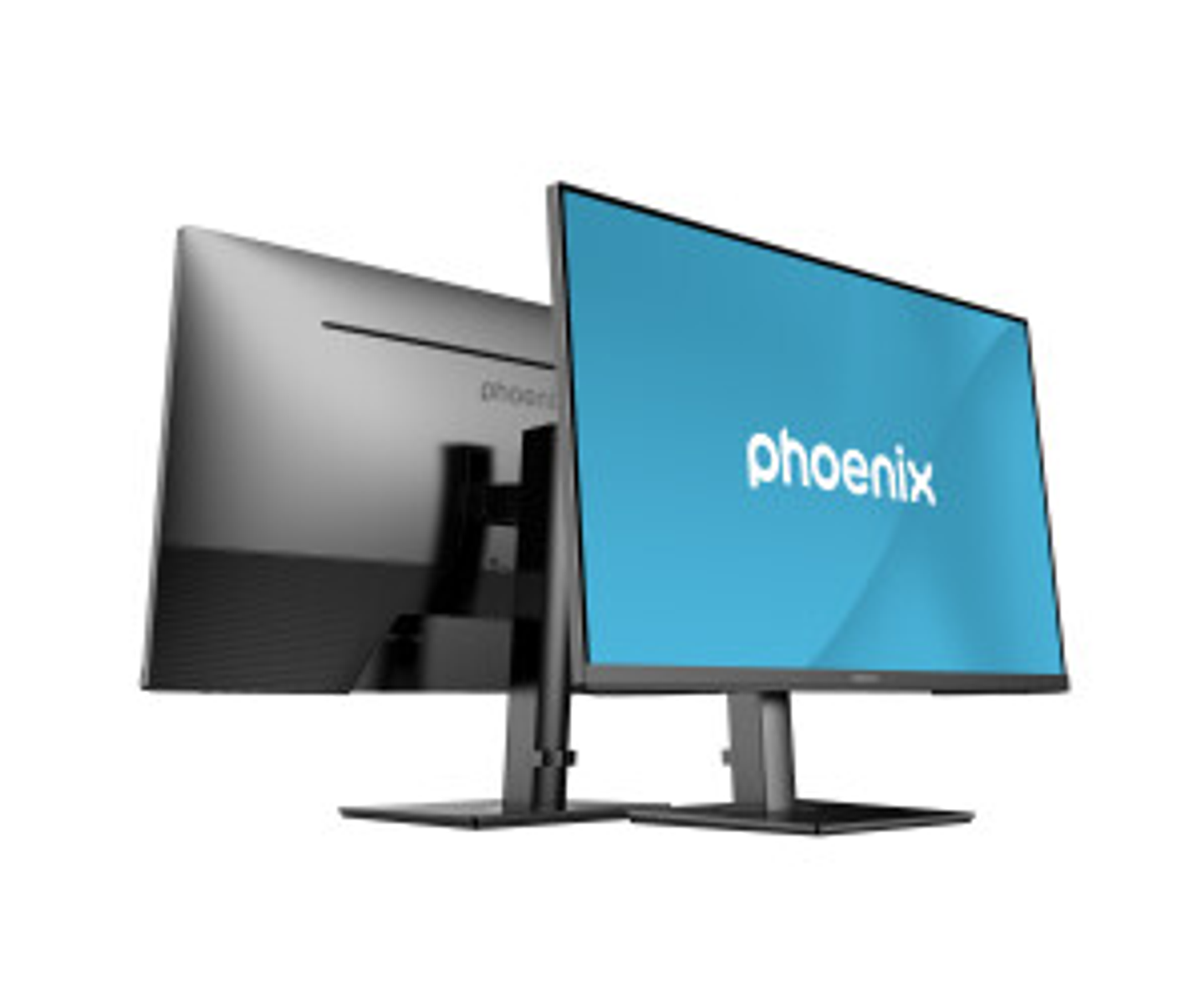 Due monitor: vista frontale e posteriore. Uno schermo visualizza 'phoenix'.
