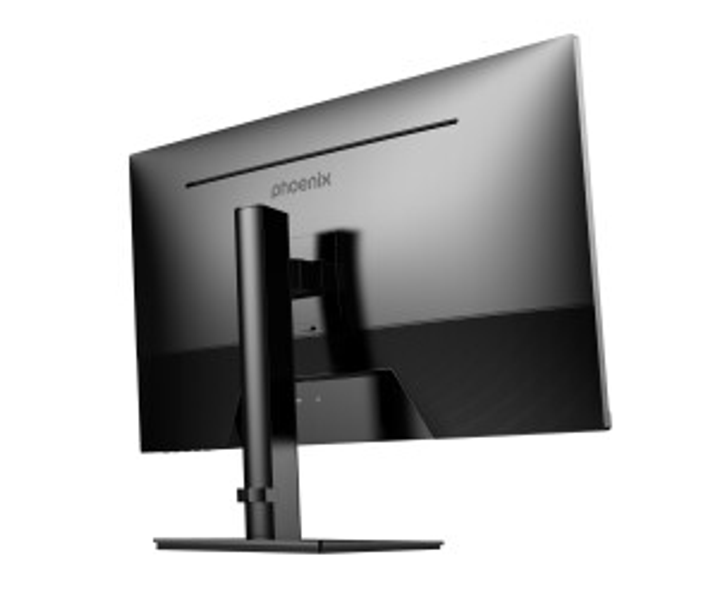 Il retro di un monitor di computer nero con il marchio 'phoenix'.