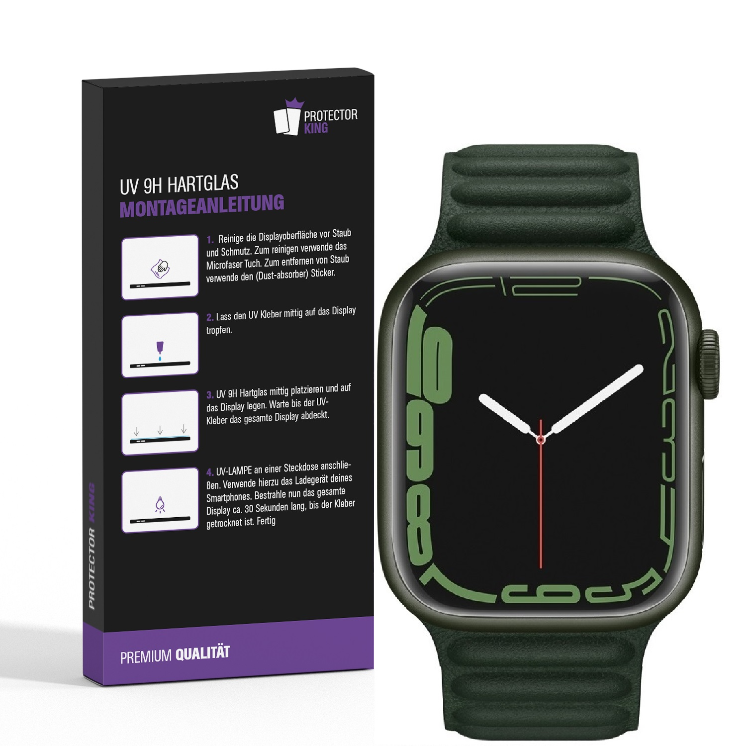 Uhr und Verpackung. Die Uhr ist grün mit schwarzem Bildschirm. Die Verpackung zeigt Installationsanweisungen.