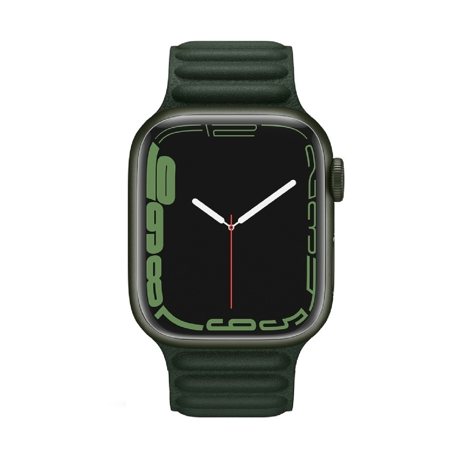 Eine olivgrüne Smartwatch mit schwarzem Bildschirm. Das Uhrenarmband ist ebenfalls olivgrün.