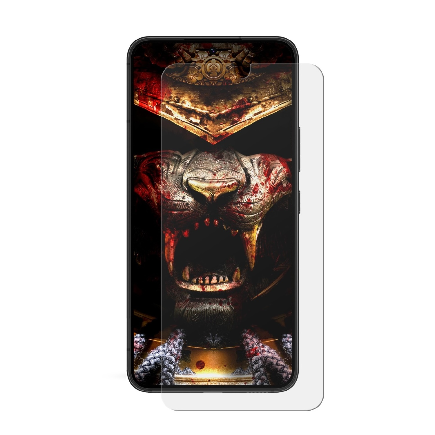Smartphone-Displayschutz mit Kriegerbild, mit schwarzem Telefon.