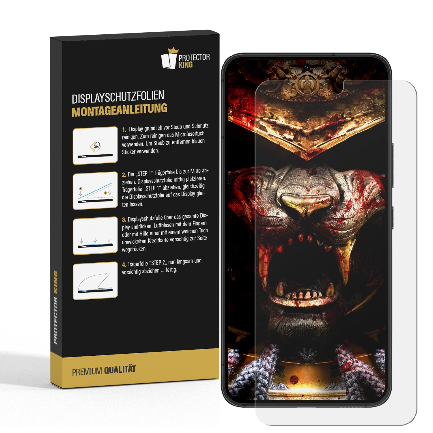 Telefon mit aufgebrachter Displayschutzfolie und eine Box mit Anweisungen zum Displayschutz.