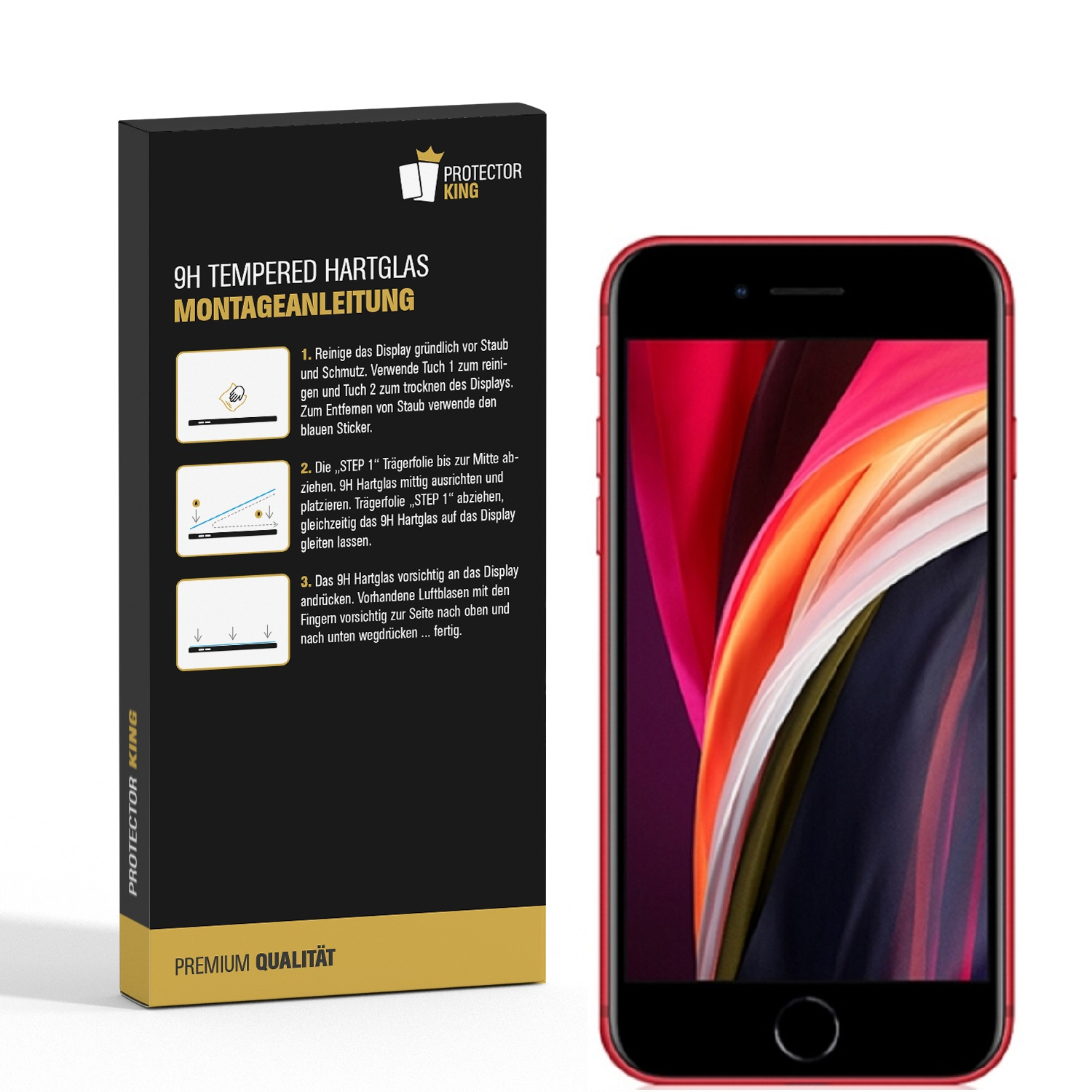 Ein Telefon und eine Displayschutzfolienbox. Das Telefon ist rot mit schwarzem Bildschirm.