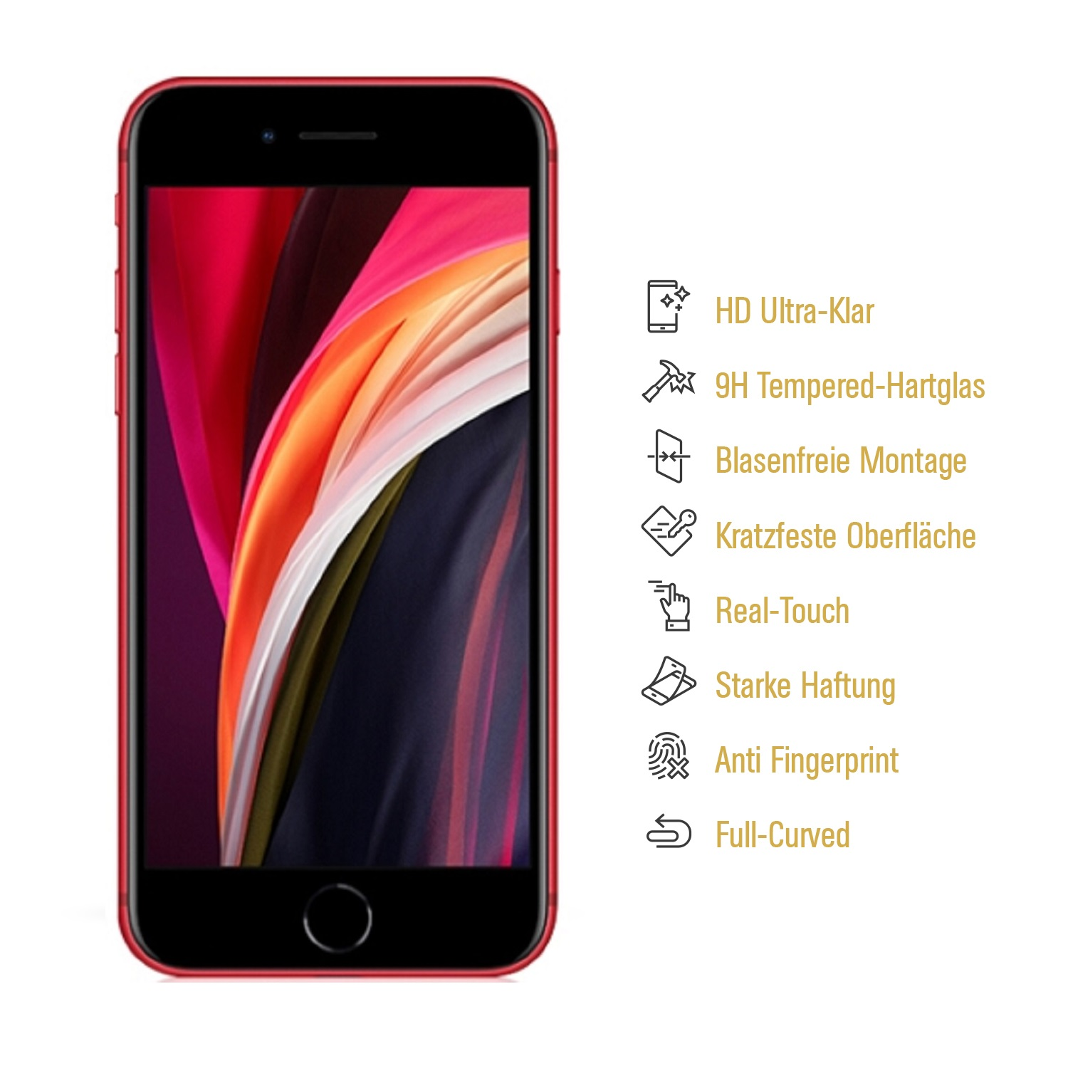 Rotes Smartphone mit schwarzem Bildschirm, vor weißem Hintergrund. Funktionen rechts.