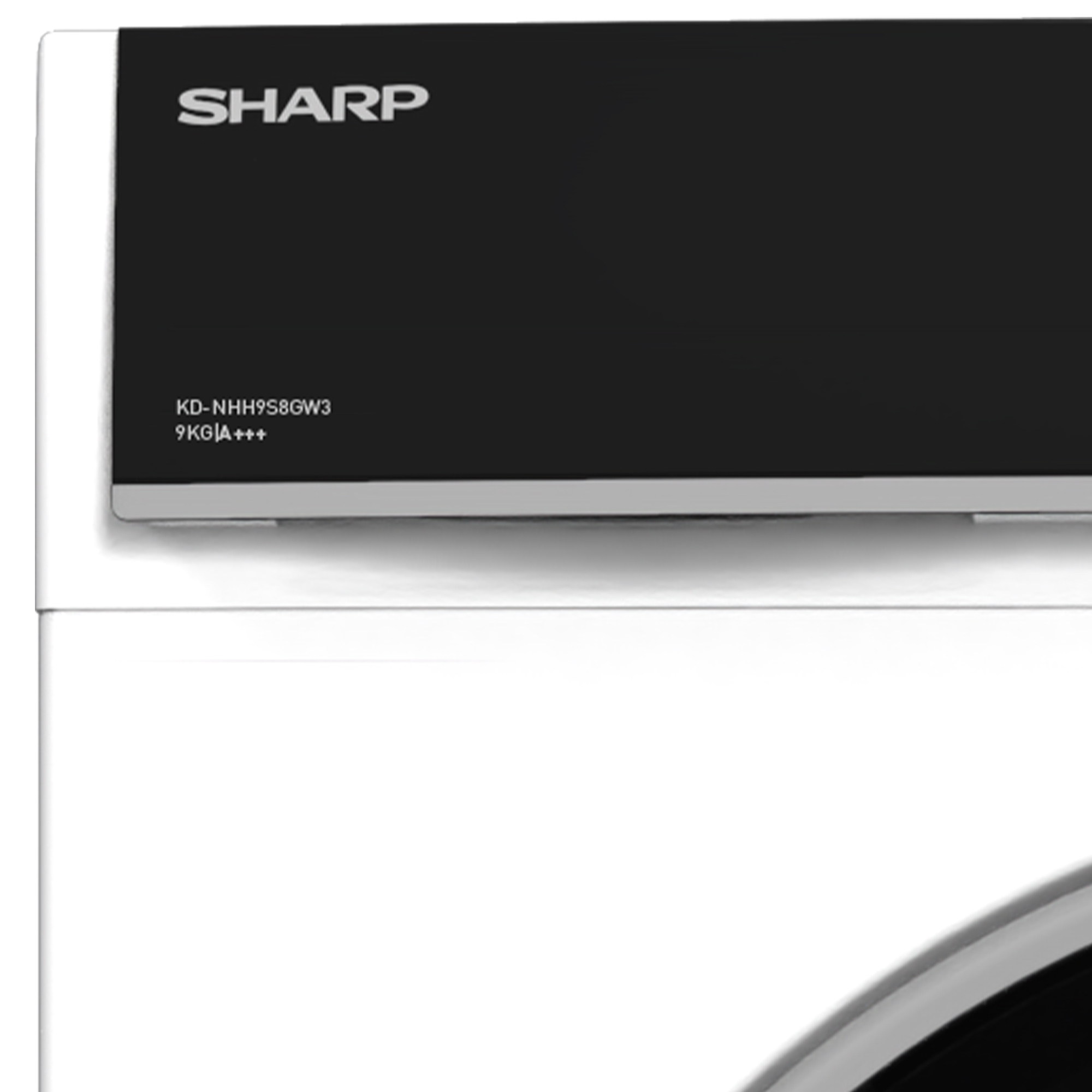 Nahaufnahme der Oberseite einer Waschmaschine, mit dem Markennamen SHARP.
