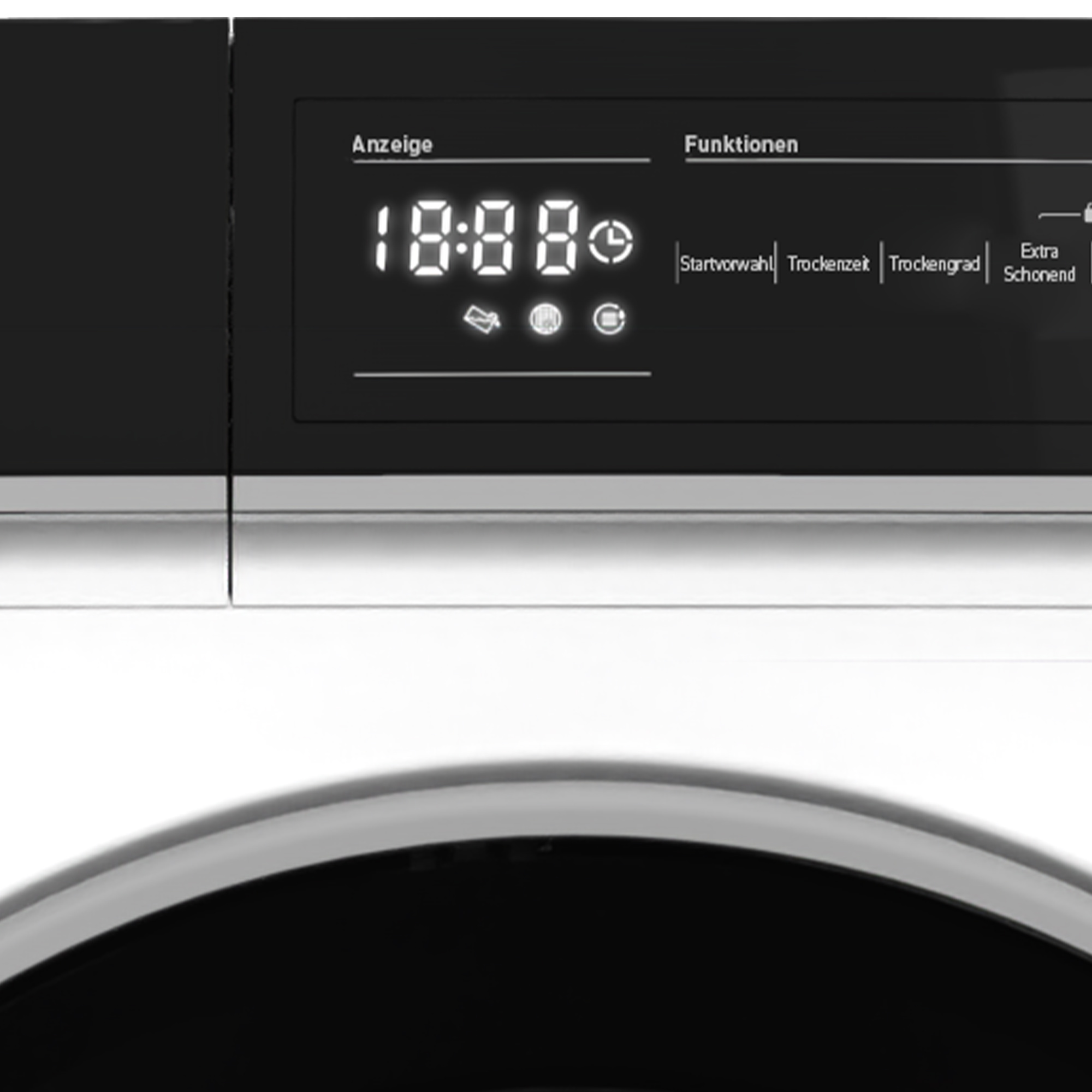 Nahaufnahme des Waschmaschinen-Displays mit 18:88 und Funktionstasten.