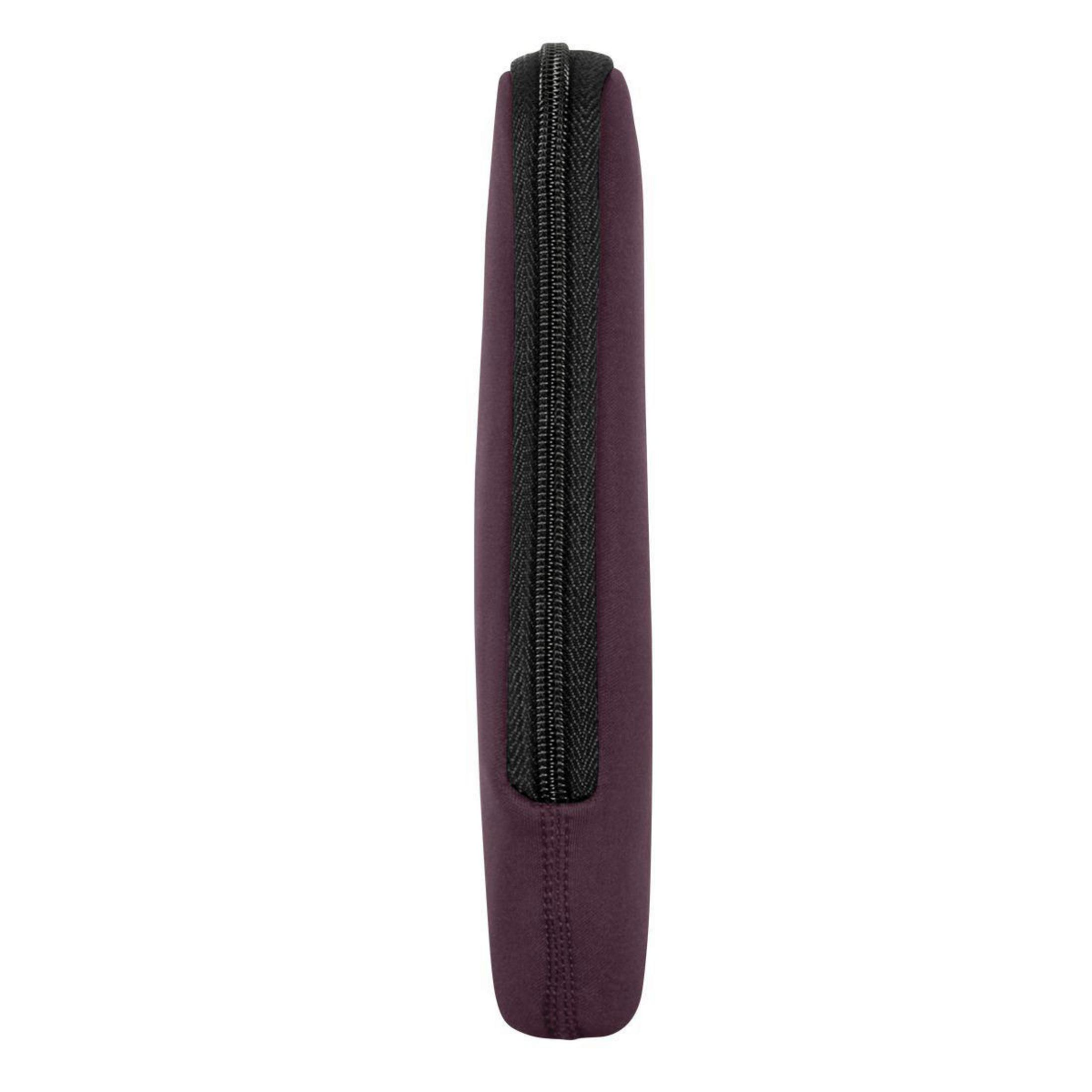 Custodia per laptop viola con cerniera nera, isolata su sfondo bianco.