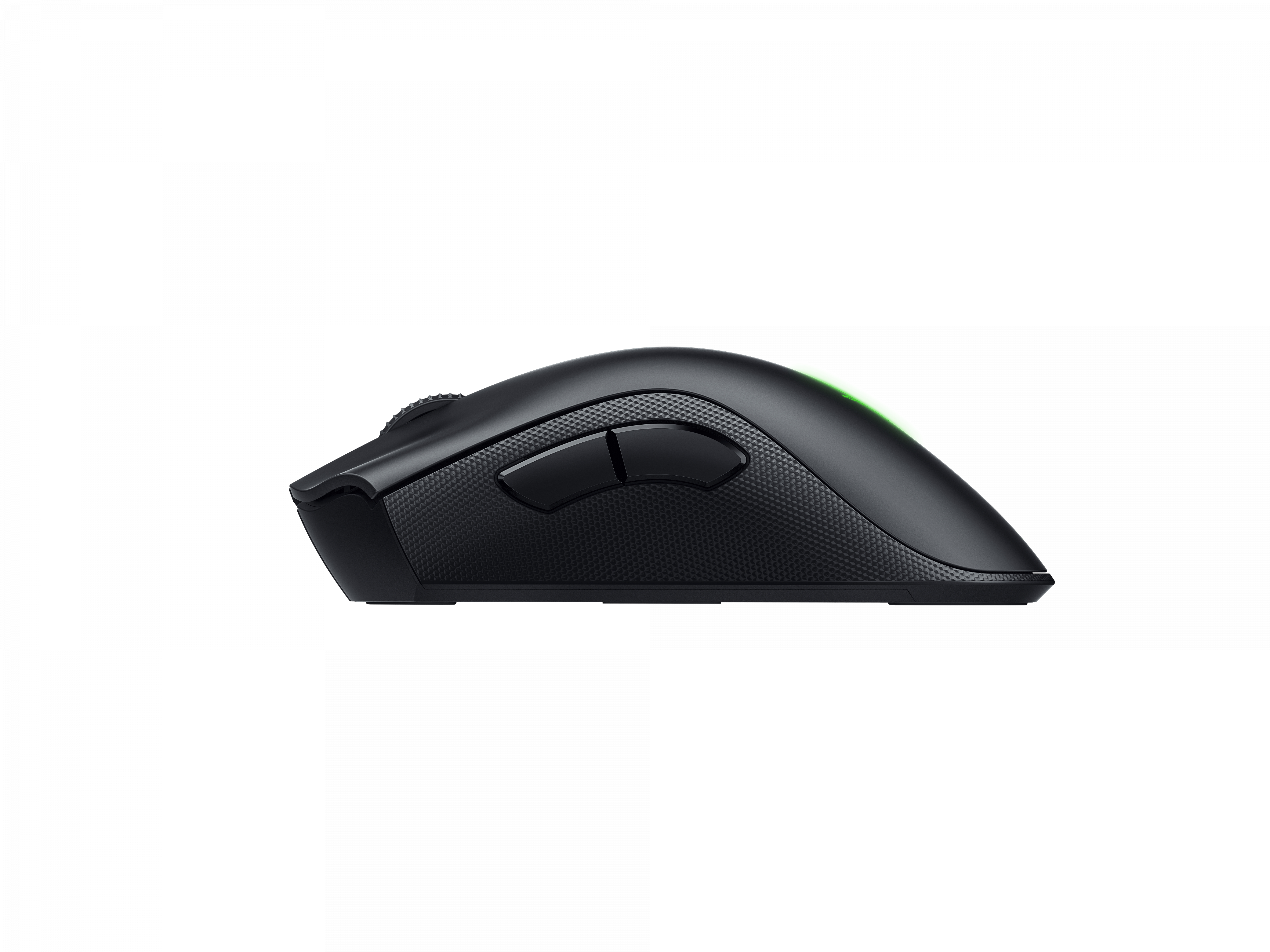 Mouse da gaming nero. Due pulsanti laterali, rotella, luce verde.