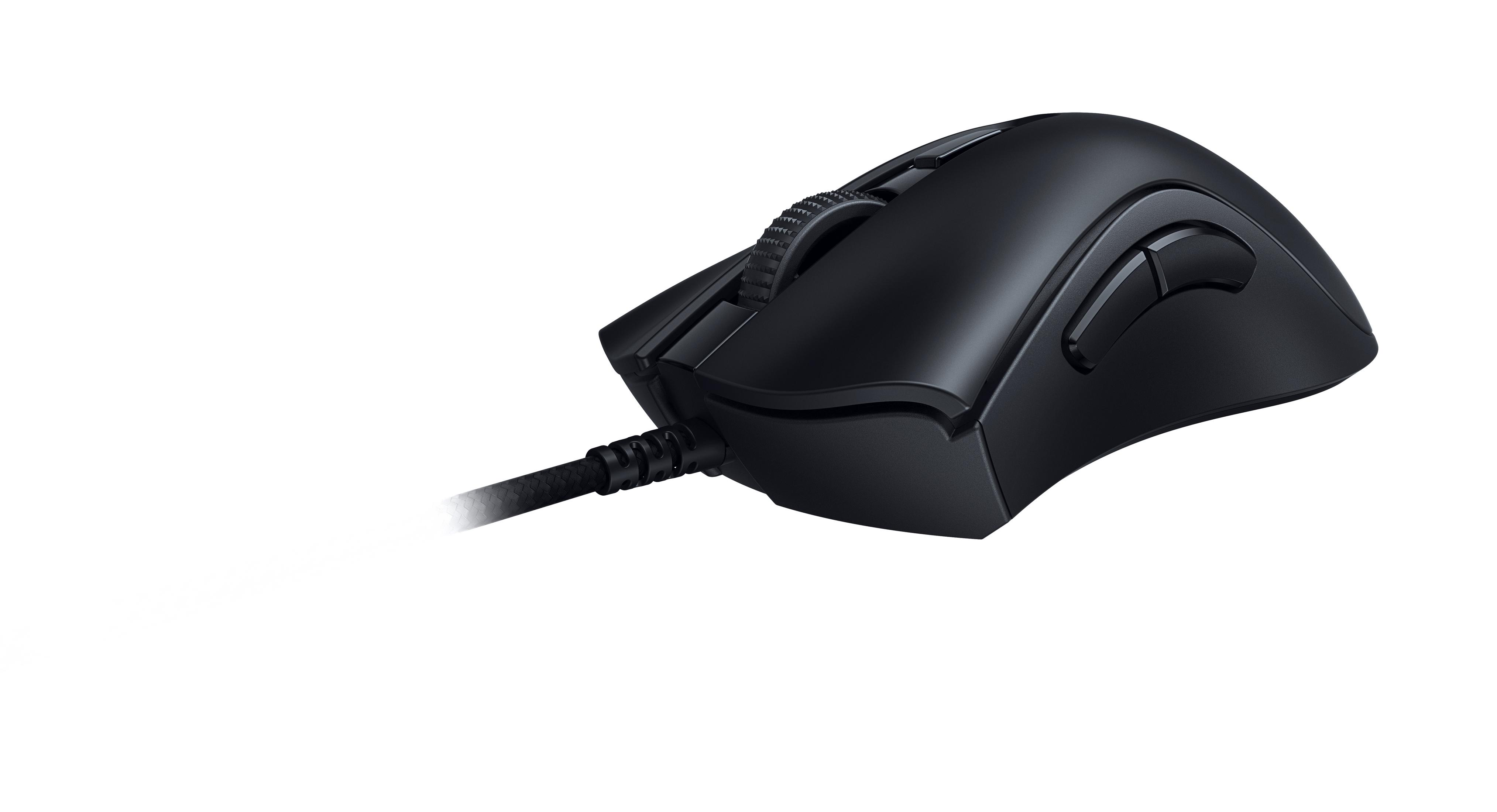 Eine schwarze Gaming-Maus mit Kabelanschluss. Sie hat ein Scrollrad und Seitentasten.
