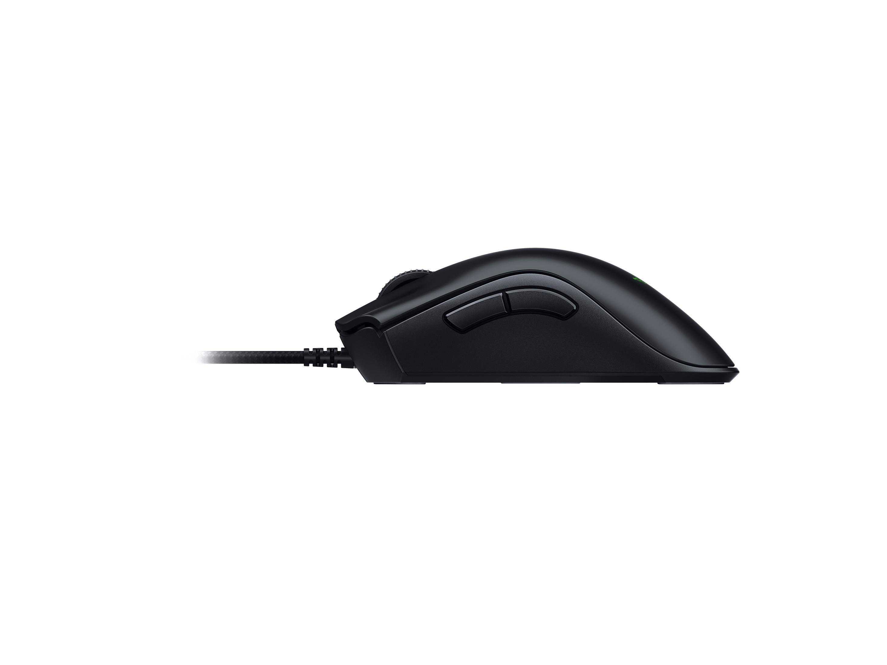 Eine schwarze Computermaus, von der Seite betrachtet, mit zwei Tasten und einem Kabel.
