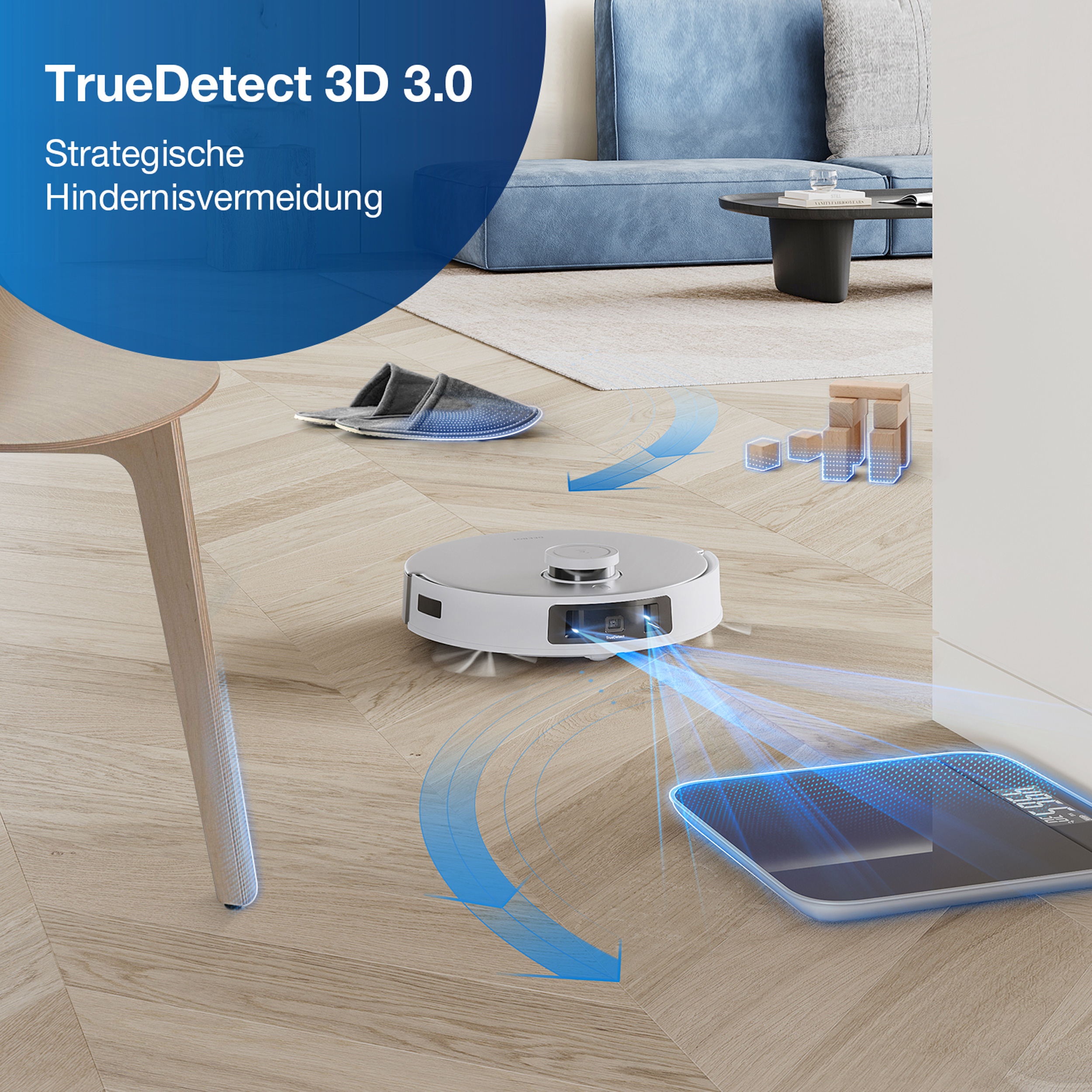 Roboter-Staubsauger reinigt einen Holzboden. Pfeile zeigen den Weg.