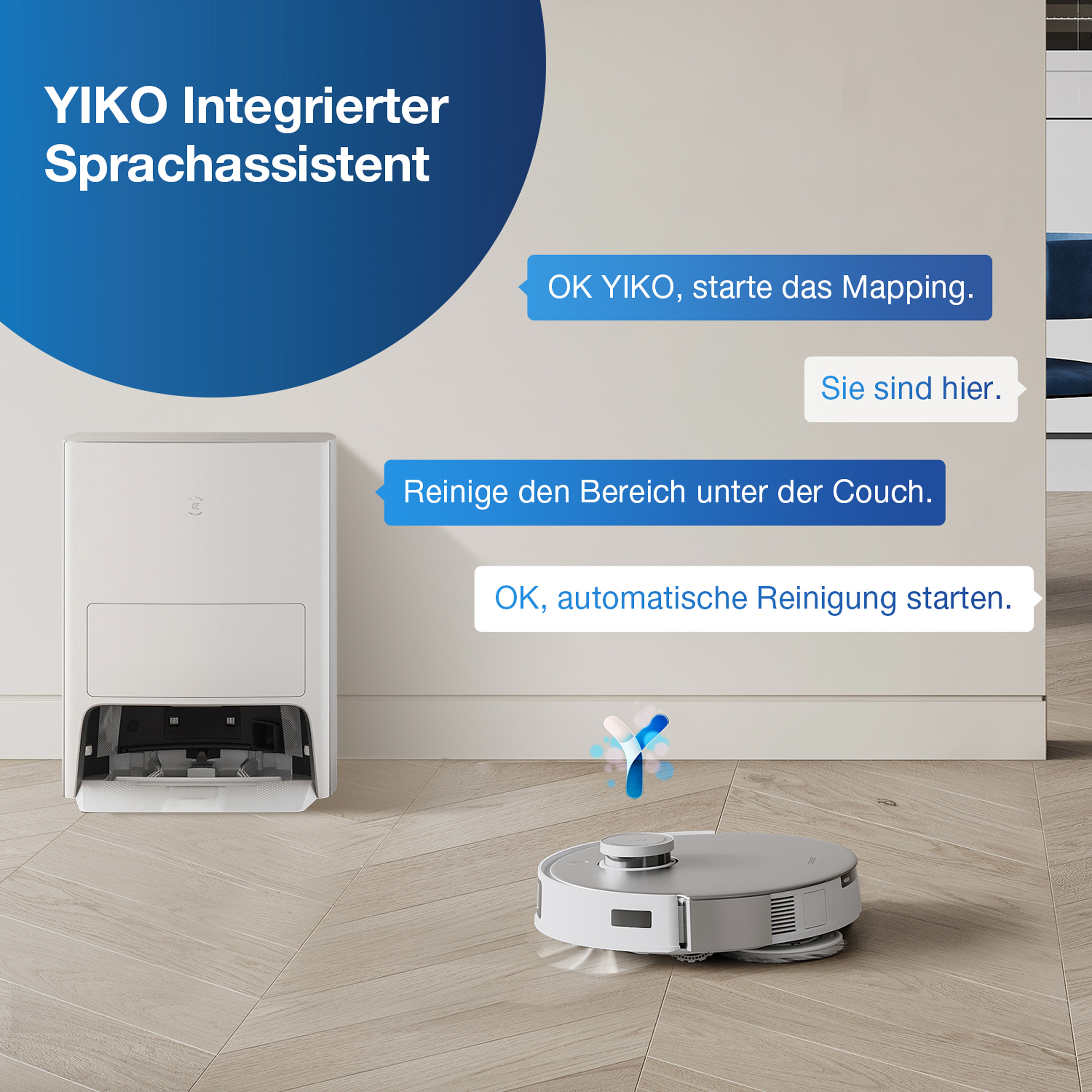 Weiß-grauer Roboter-Staubsauger auf Holzfußboden. Ein blau-weißer Spritzer ist vorhanden.