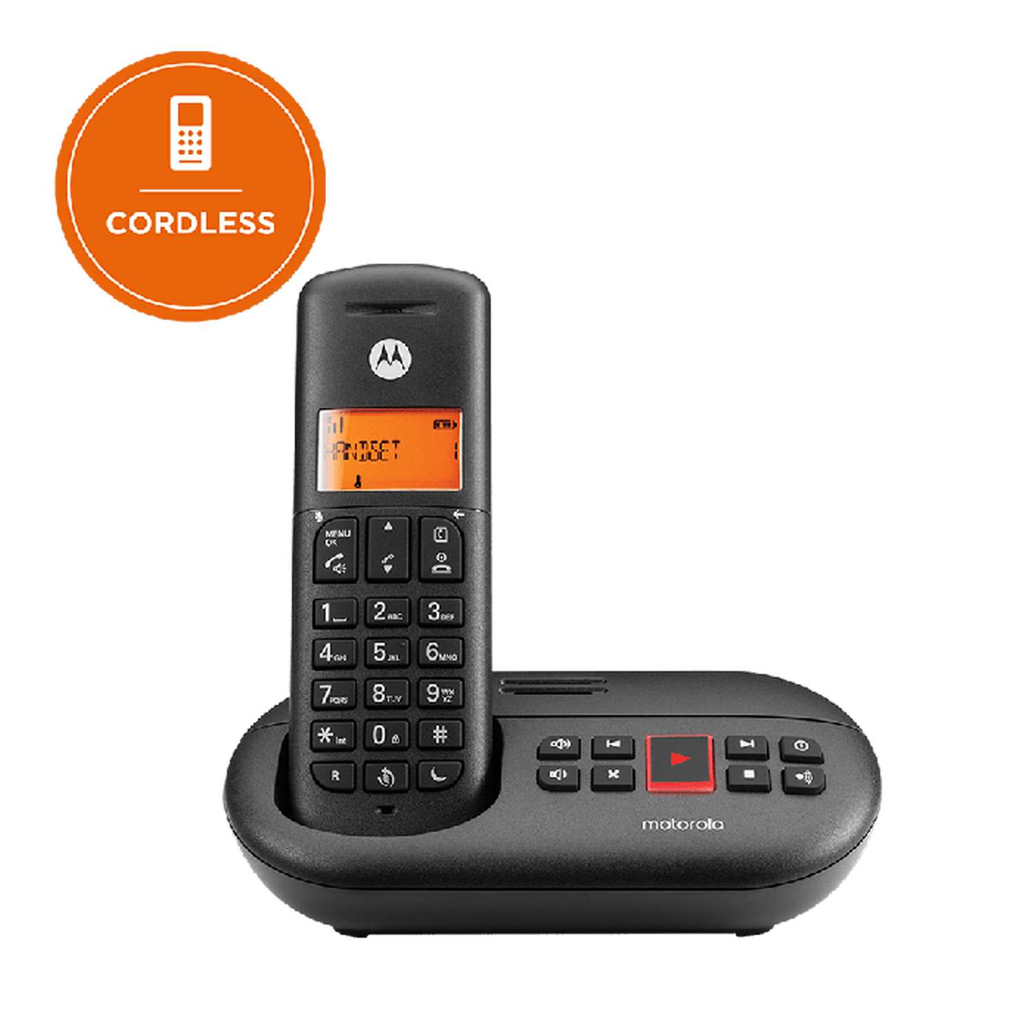 Un teléfono inalámbrico negro con base. Un círculo naranja con 'CORDLESS' en la parte superior.