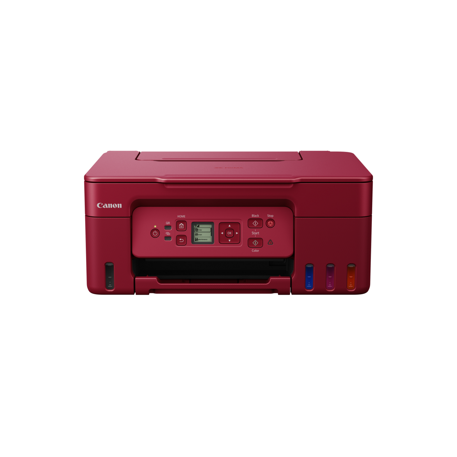 Una stampante Canon rossa con display e serbatoi d'inchiostro, su sfondo nero.