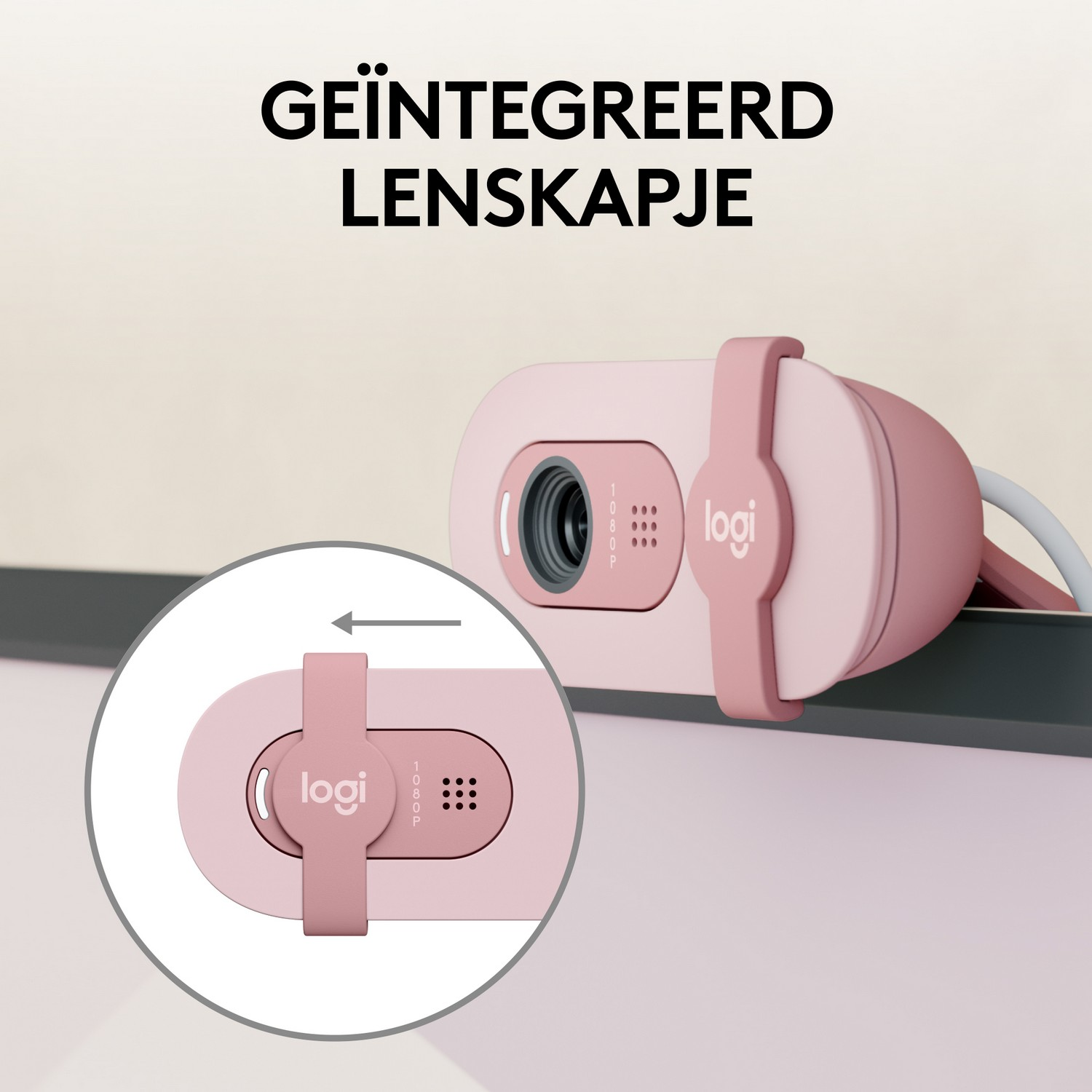 Różowa kamera internetowa z osłoną obiektywu, logo i sekcją pokazującą ruch osłony. Gładkie tło.