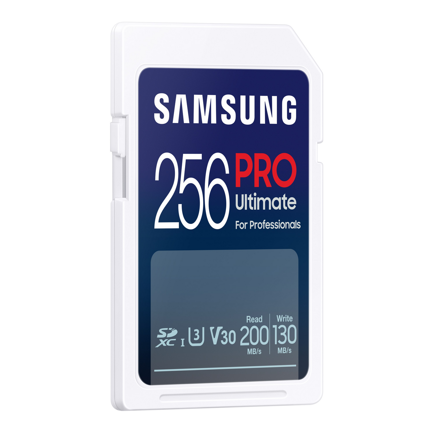 Karta SD z etykietą 'SAMSUNG 256 PRO Ultimate'. Biała obudowa, ciemnoniebieska i biała etykieta.