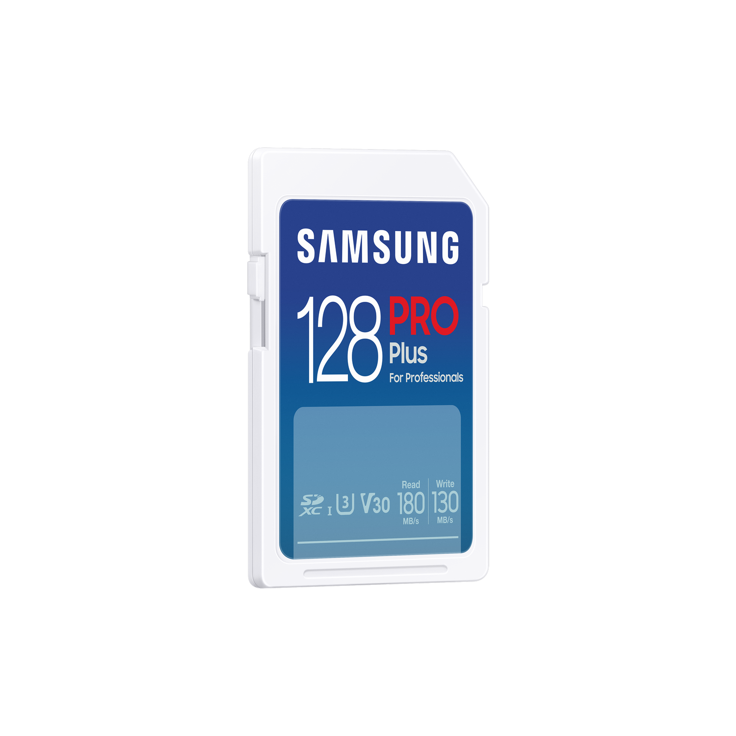 Biało-niebieska karta pamięci Samsung. Napis 128 PRO Plus. Tło jest czarne.