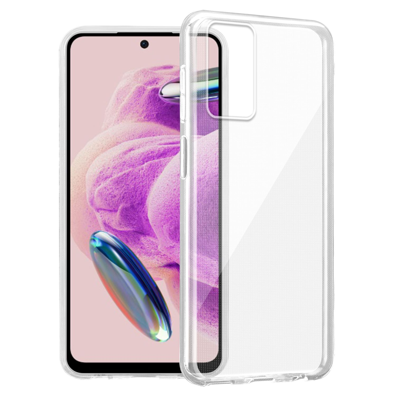 Un telefono all'interno di una custodia trasparente. Il telefono mostra un'immagine con sfumatura rosa e viola.
