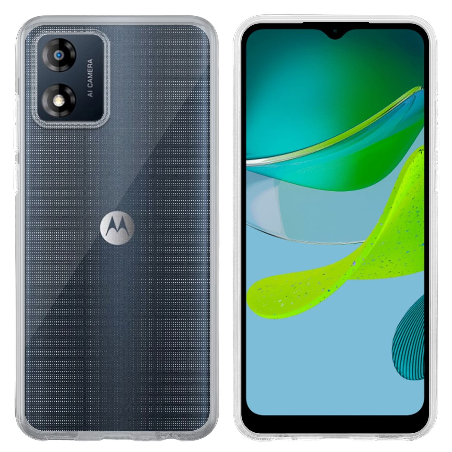 Uno smartphone in una custodia trasparente. La parte posteriore ha una doppia fotocamera e lo schermo mostra un display verde e blu.
